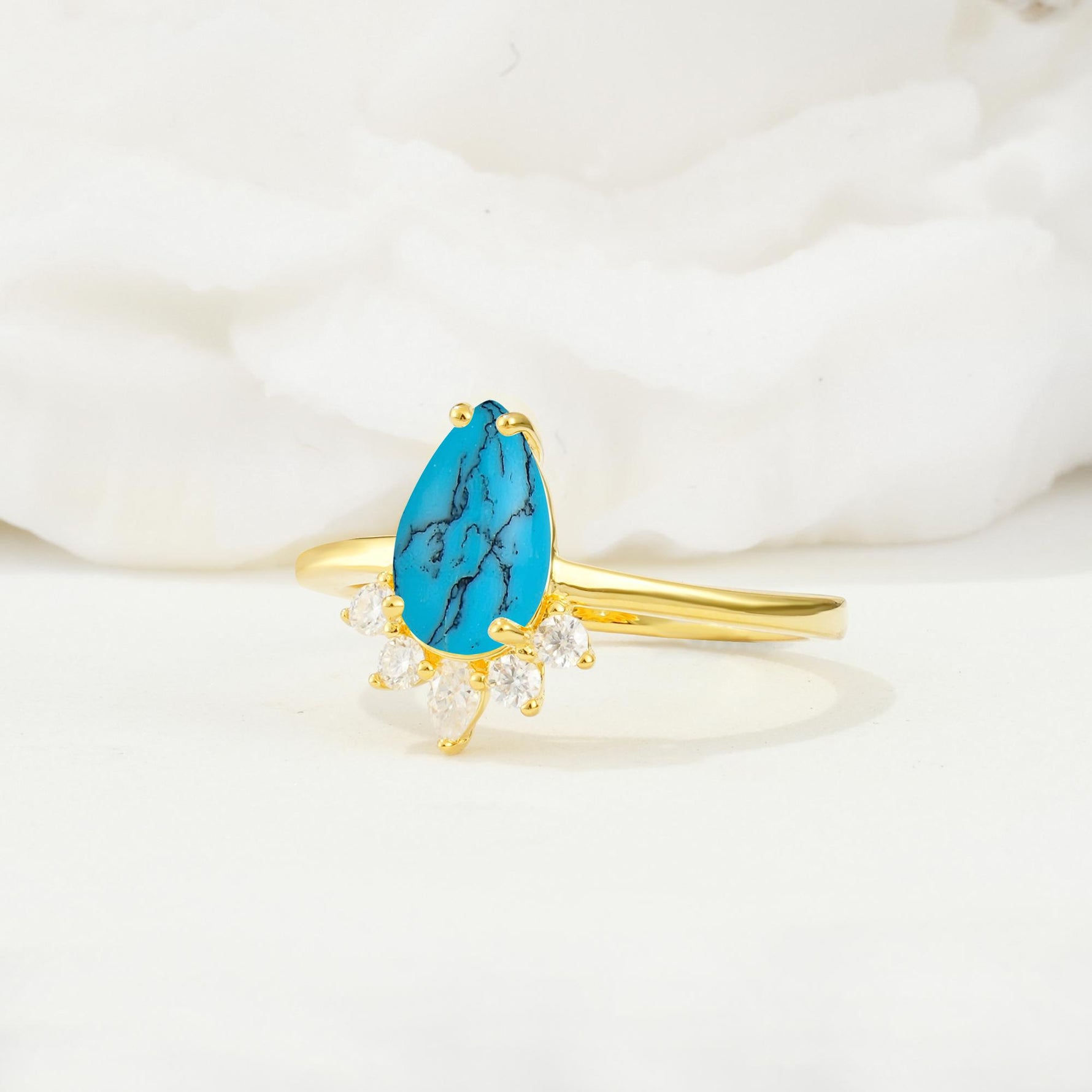 Pear Cut Turquoise Crown Engagement Ring with Accent Stones - Additional view