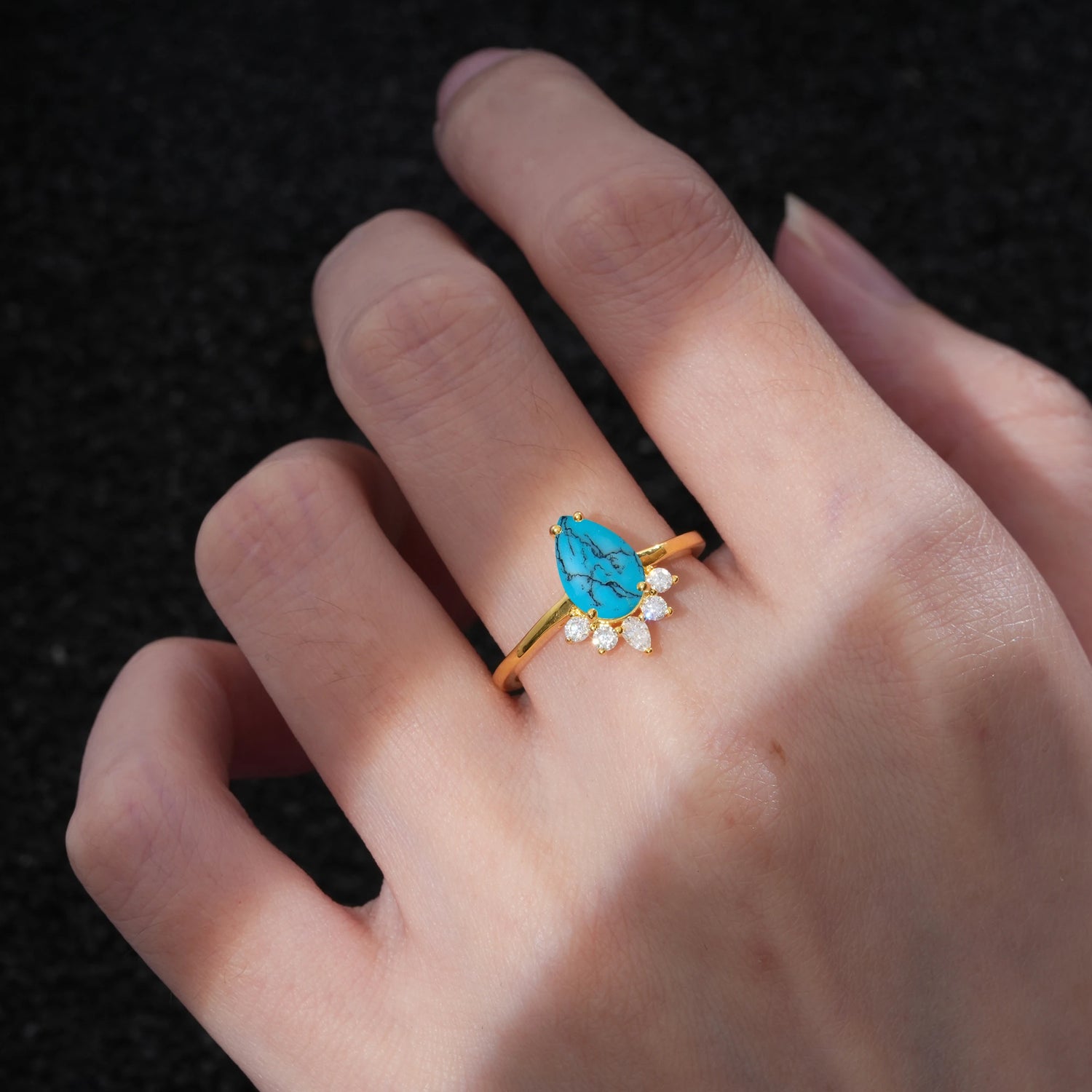 Pear Cut Turquoise Crown Engagement Ring with Accent Stones