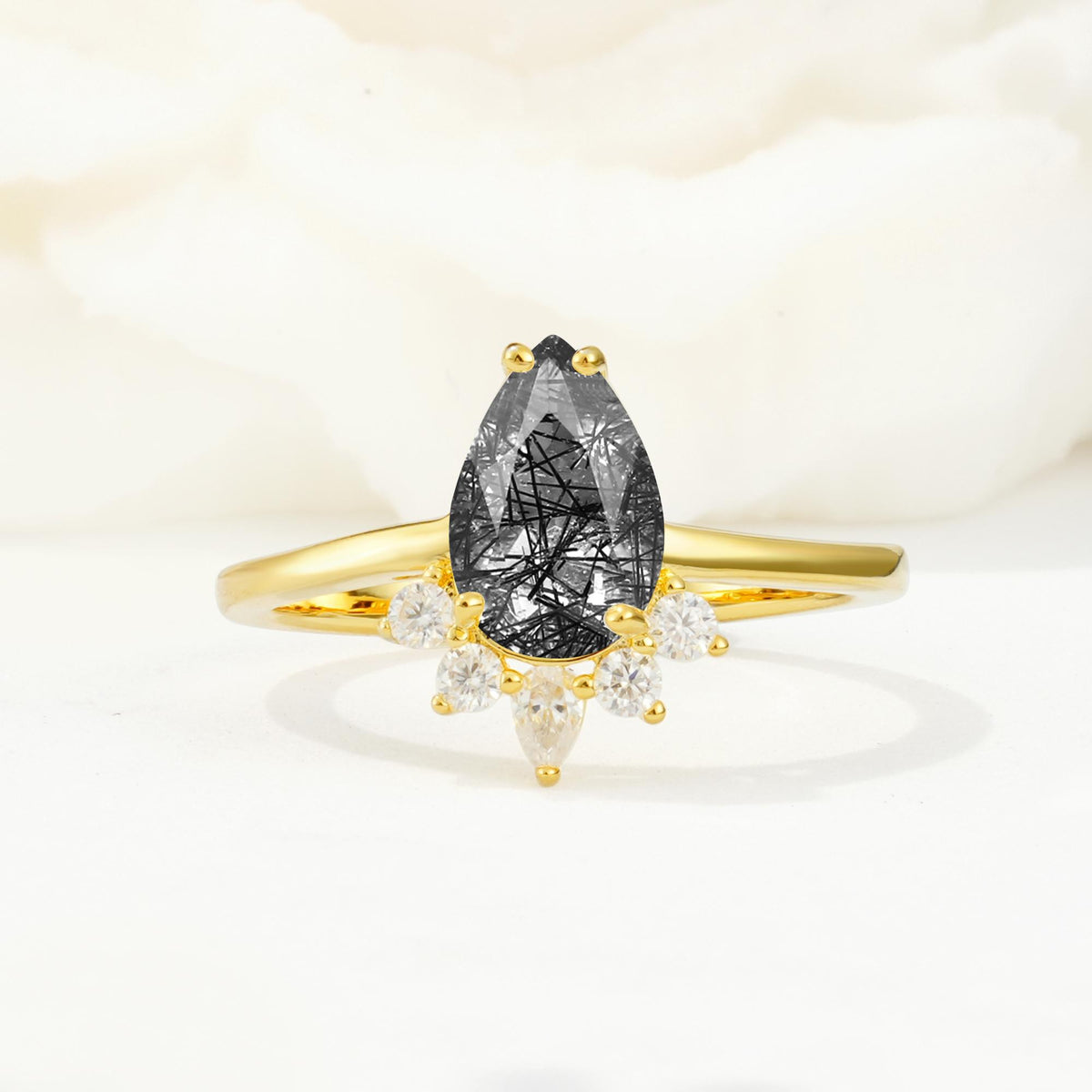 Pear Cut Black Rutilated Quartz Crown Engagement Ring with Accent Stones - Additional view