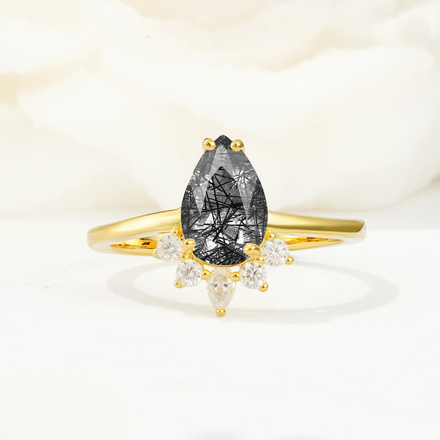 Pear Cut Black Rutilated Quartz Crown Engagement Ring with Accent Stones - Additional view