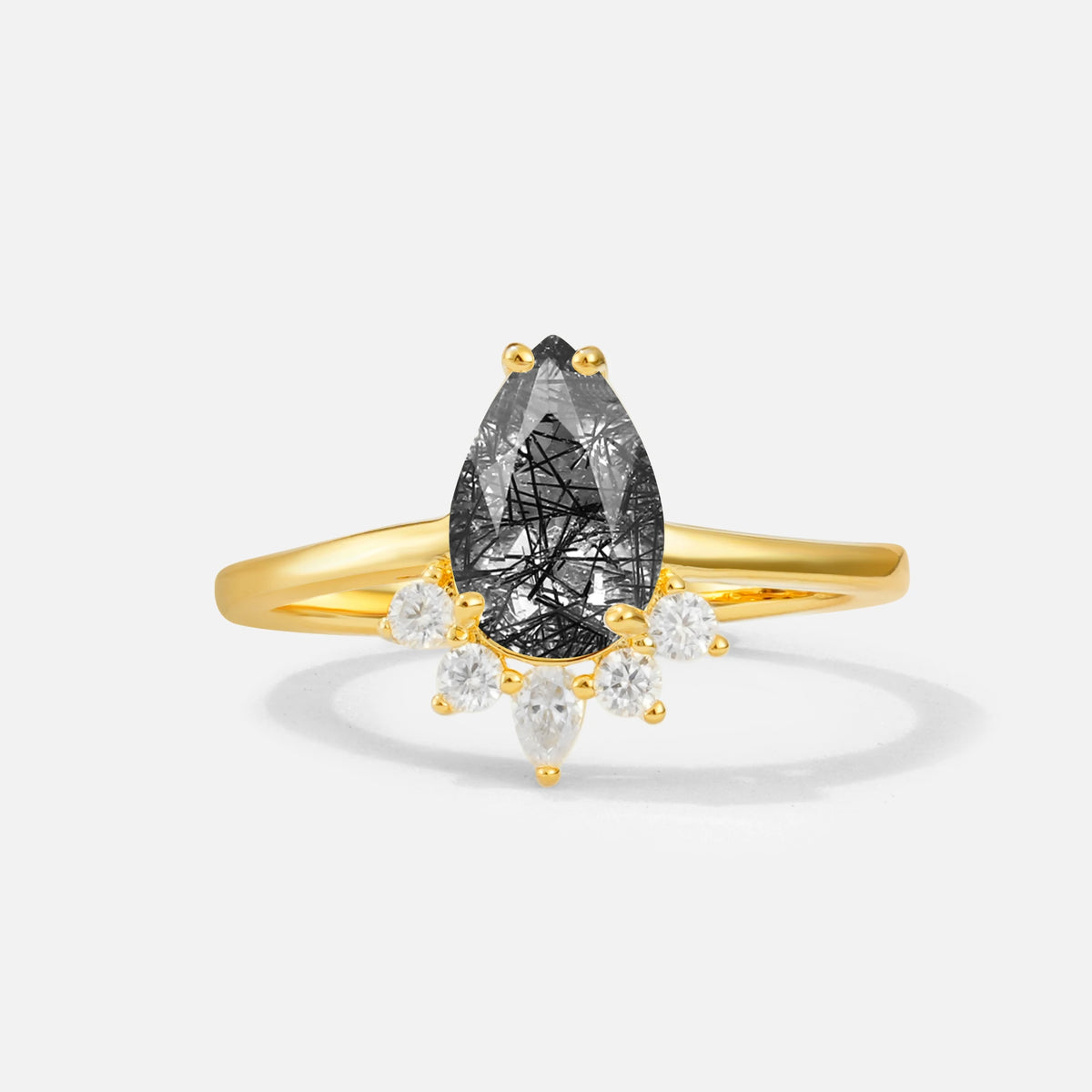 Pear Cut Black Rutilated Quartz Crown Engagement Ring with Accent Stones