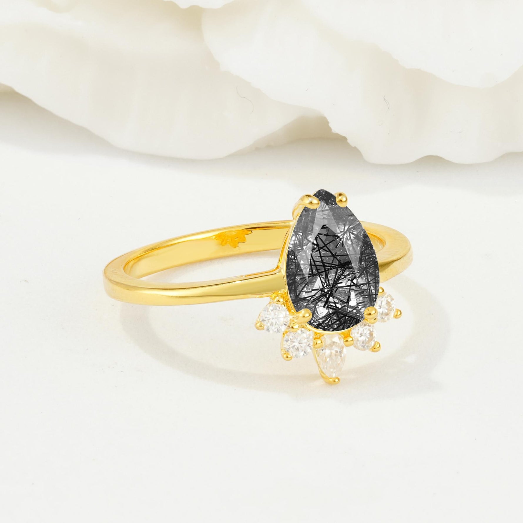 Pear Cut Black Rutilated Quartz Crown Engagement Ring with Accent Stones - Additional view