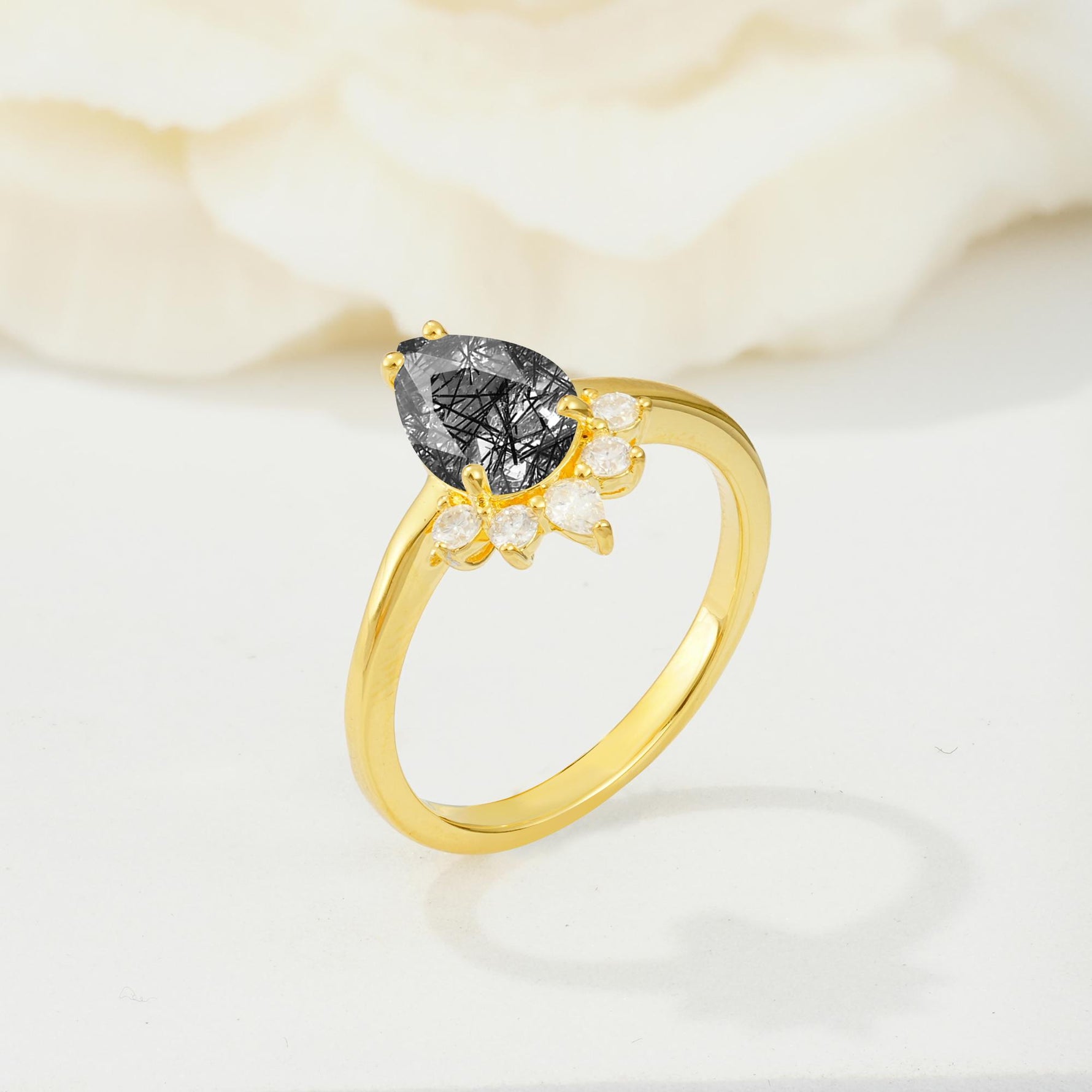 Pear Cut Black Rutilated Quartz Crown Engagement Ring with Accent Stones - Additional view