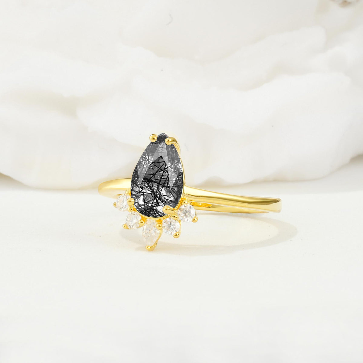 Pear Cut Black Rutilated Quartz Crown Engagement Ring with Accent Stones - Additional view
