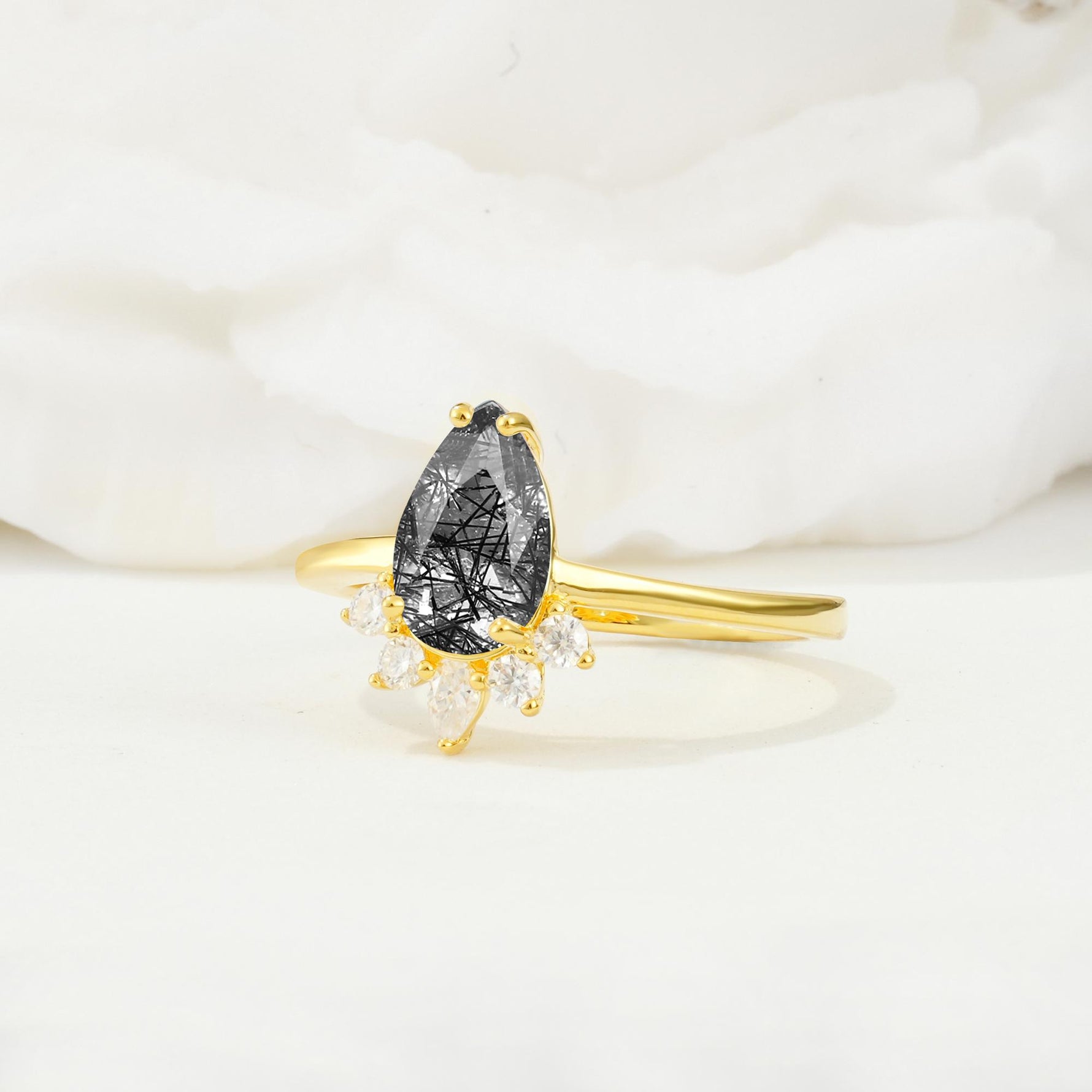 Pear Cut Black Rutilated Quartz Crown Engagement Ring with Accent Stones - Additional view
