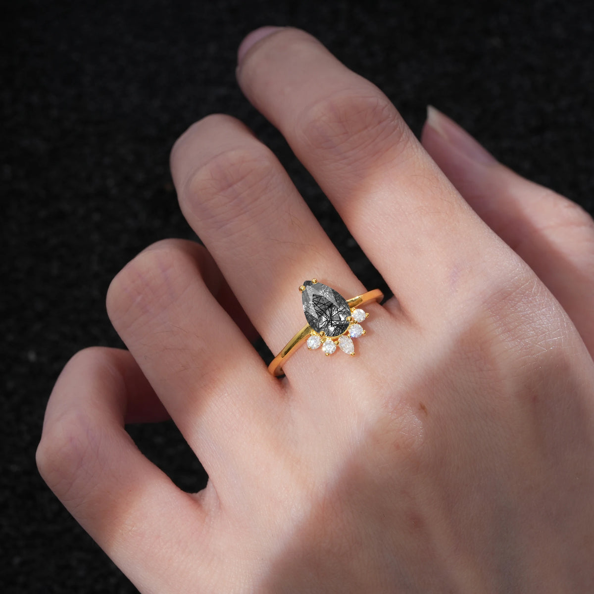 Pear Cut Black Rutilated Quartz Crown Engagement Ring with Accent Stones