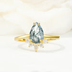 Pear Cut Moss Agate Crown Engagement Ring with Accent Stones - Additional view