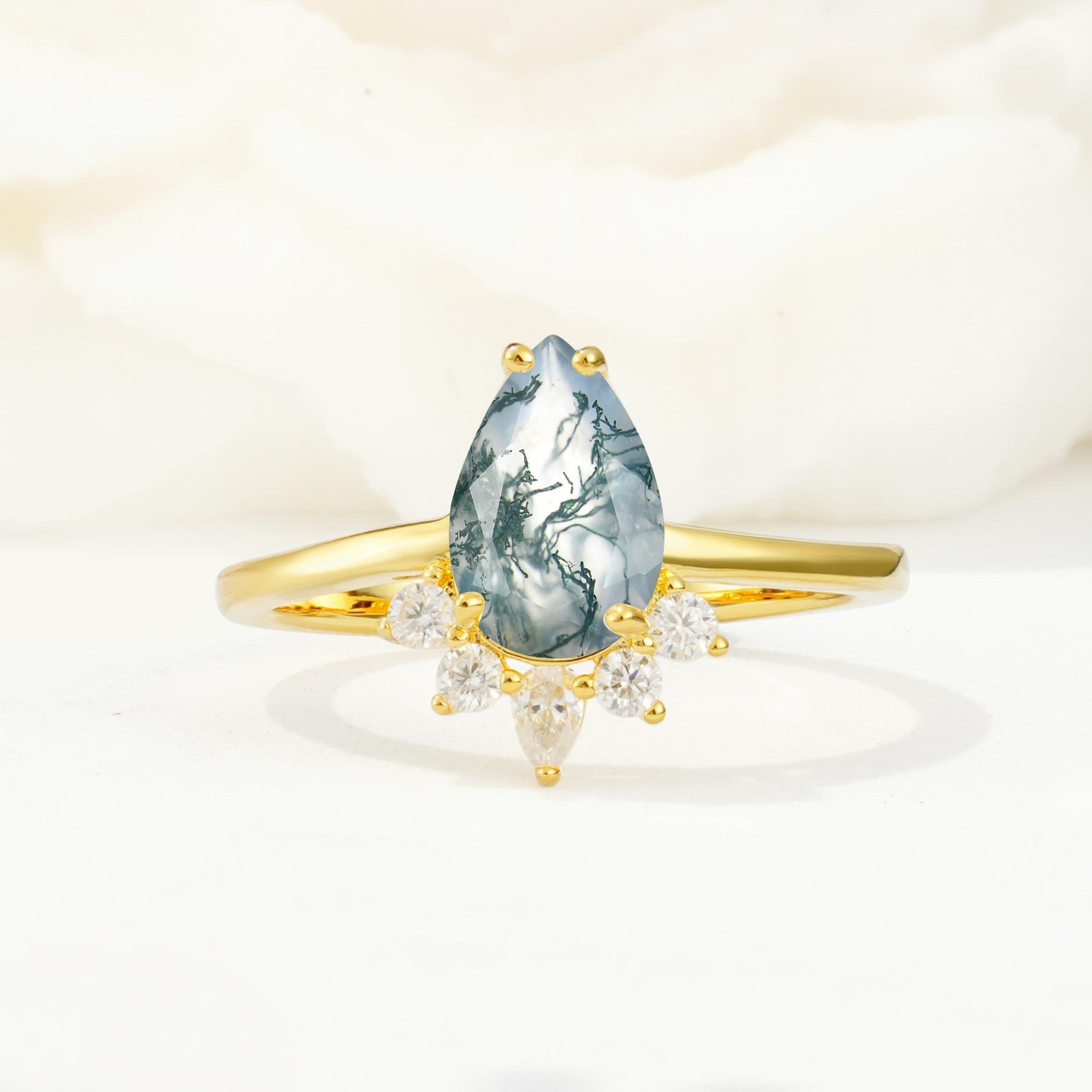 Pear Cut Moss Agate Crown Engagement Ring with Accent Stones - Additional view