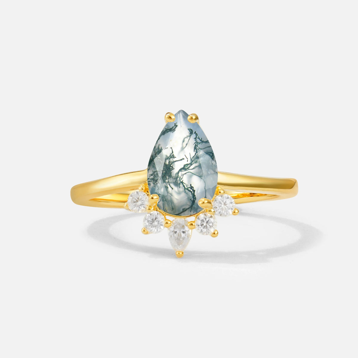 Pear Cut Moss Agate Crown Engagement Ring with Accent Stones