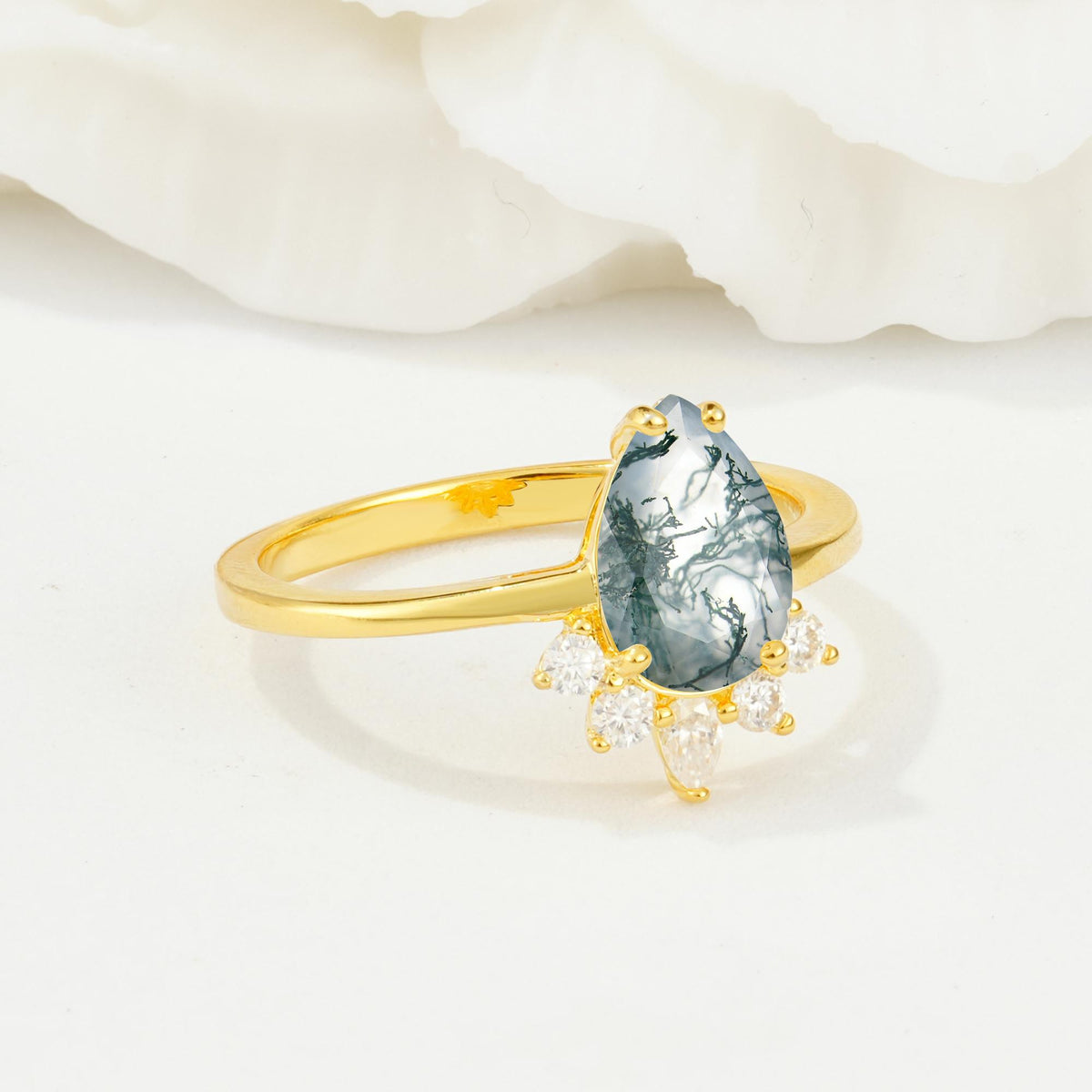 Pear Cut Moss Agate Crown Engagement Ring with Accent Stones - Additional view