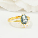 Pear Cut Moss Agate Crown Engagement Ring with Accent Stones - Additional view