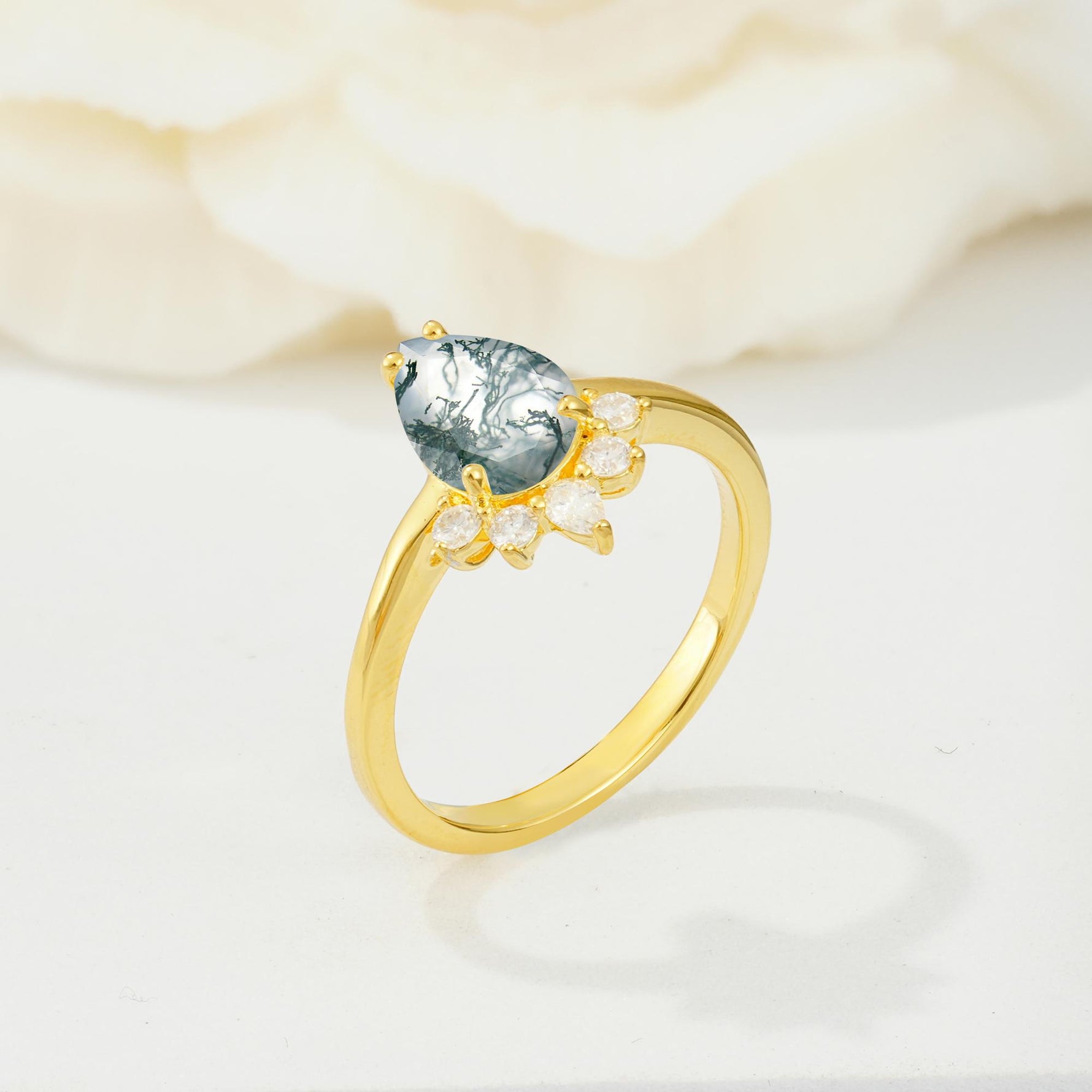 Pear Cut Moss Agate Crown Engagement Ring with Accent Stones - Additional view