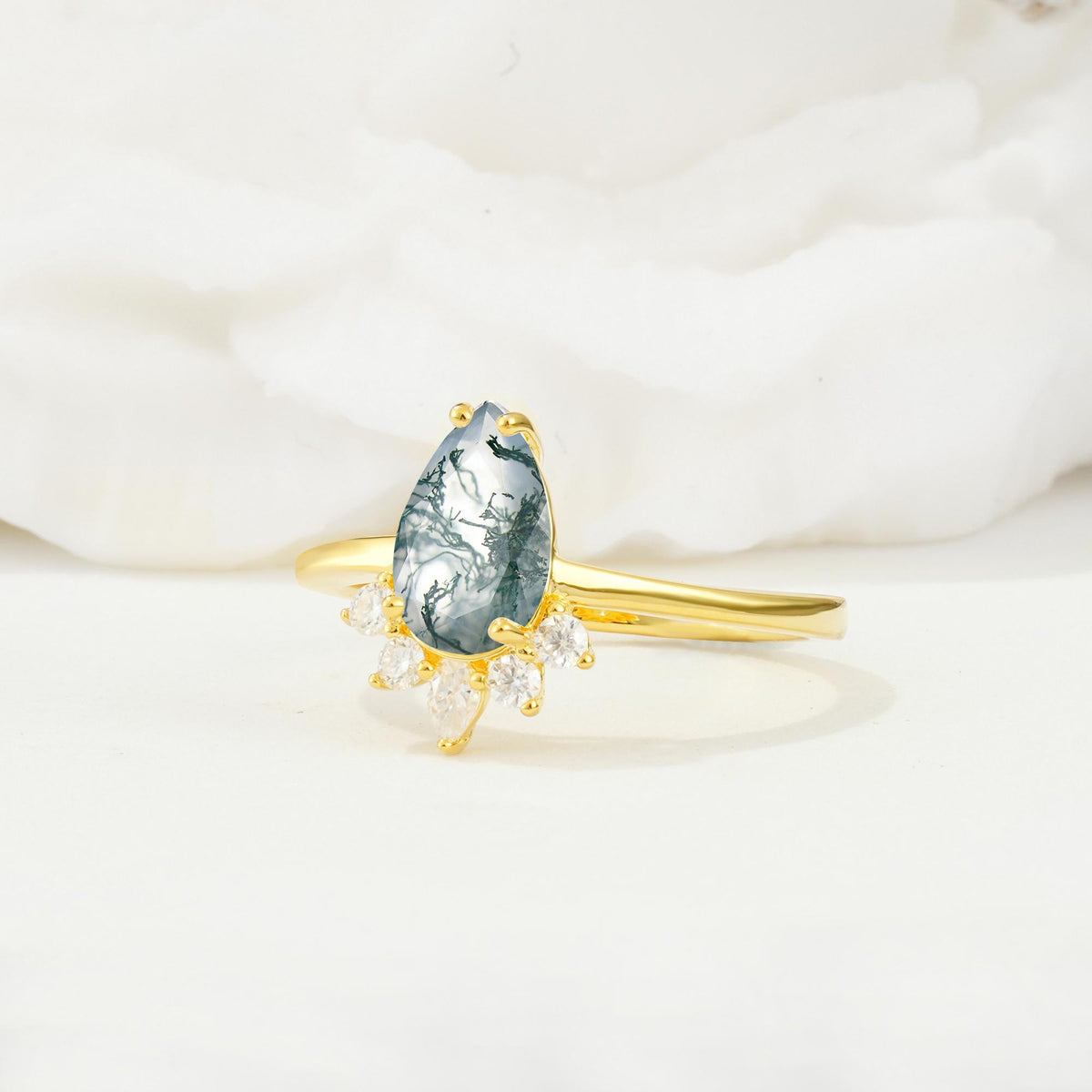Pear Cut Moss Agate Crown Engagement Ring with Accent Stones - Additional view