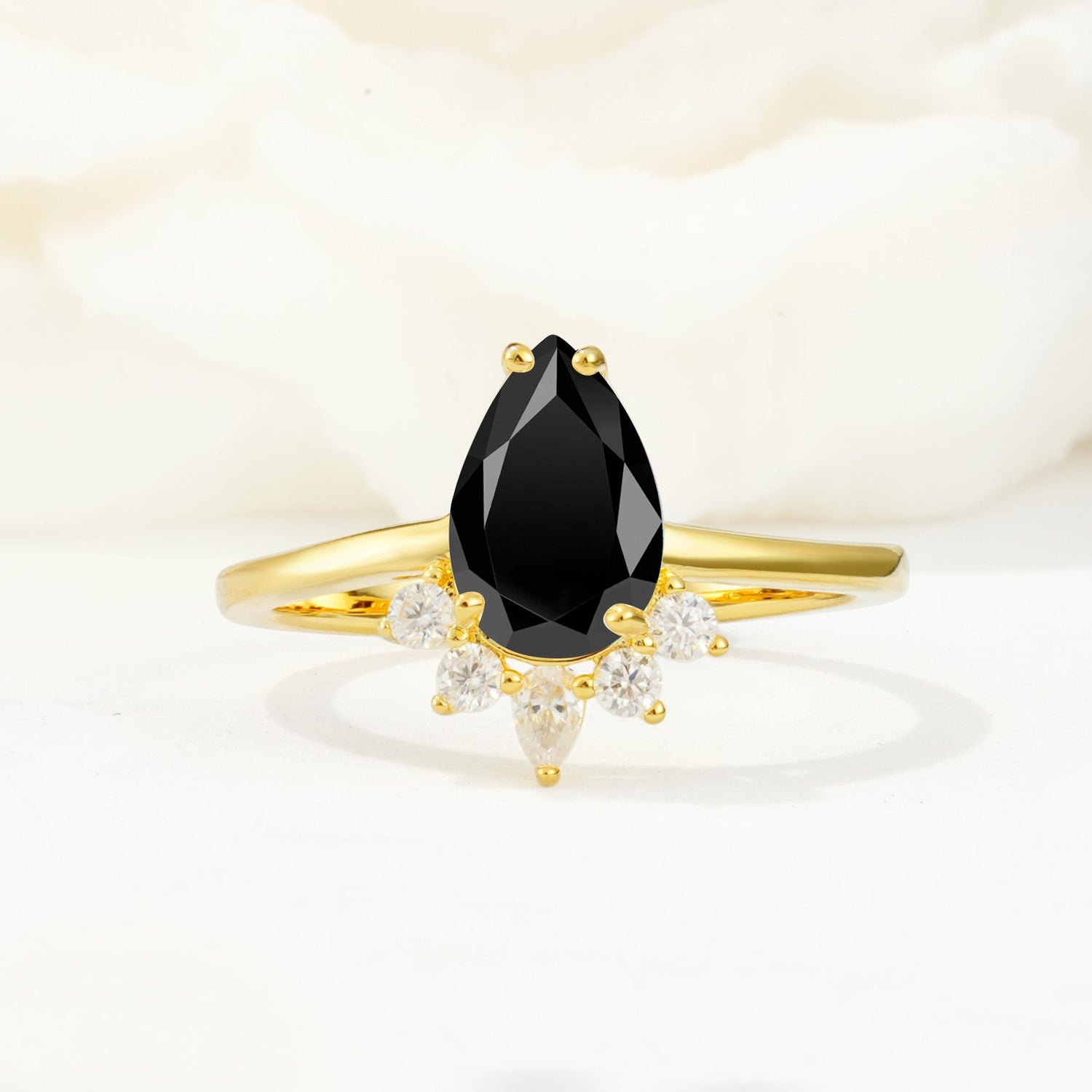 Pear Cut Black Onyx Crown Engagement Ring with Accent Stones - Additional view