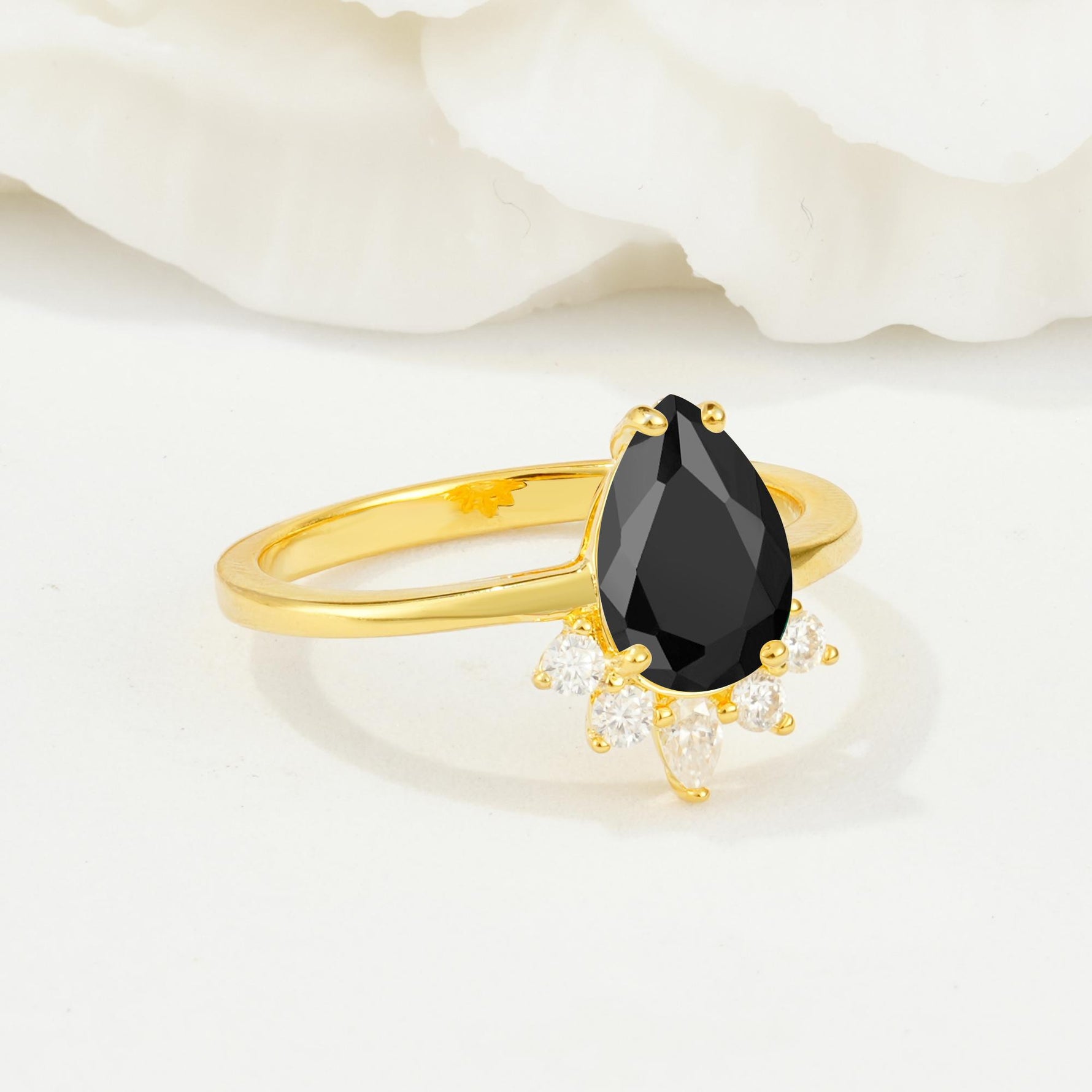 Pear Cut Black Onyx Crown Engagement Ring with Accent Stones - Additional view