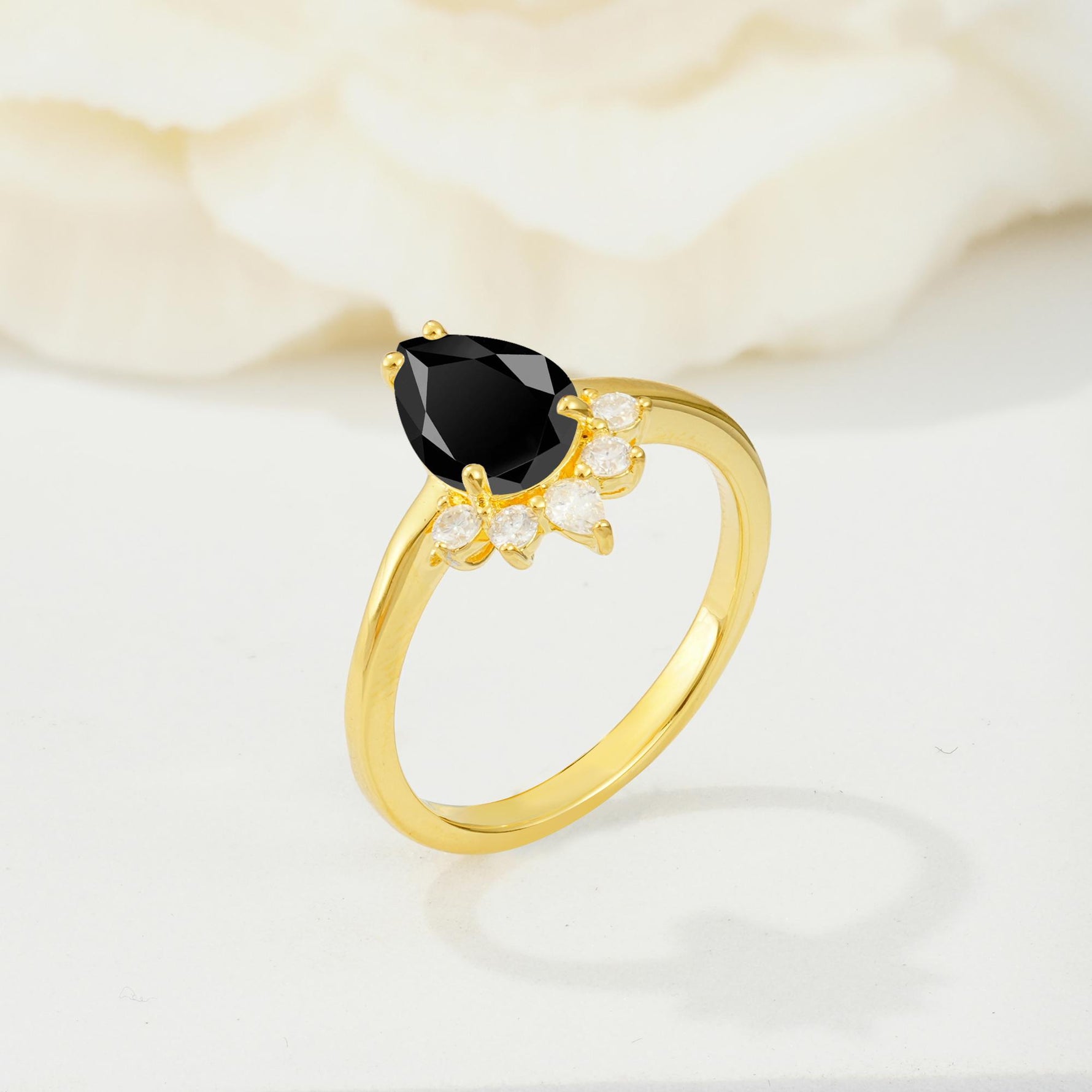 Pear Cut Black Onyx Crown Engagement Ring with Accent Stones - Additional view