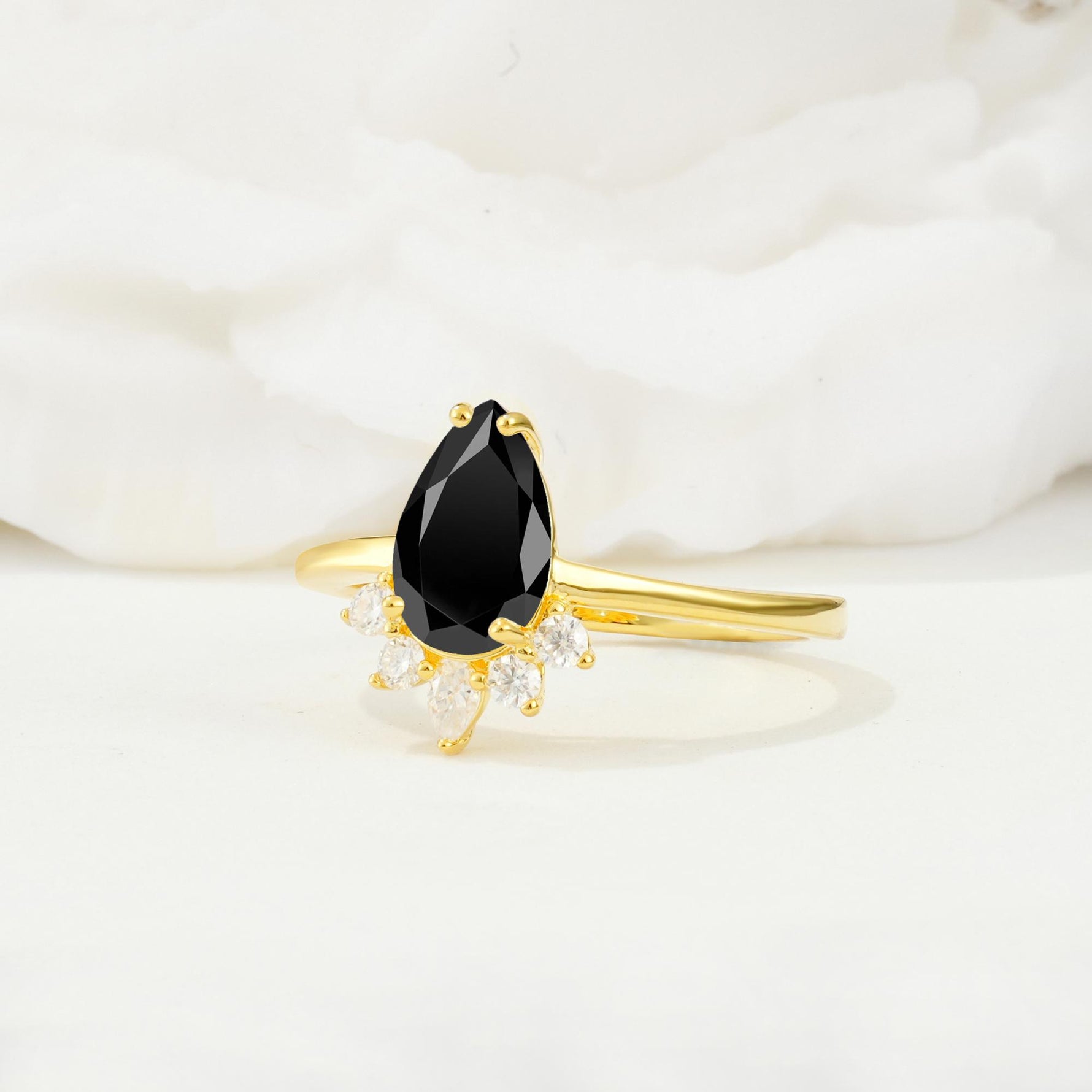 Pear Cut Black Onyx Crown Engagement Ring with Accent Stones - Additional view