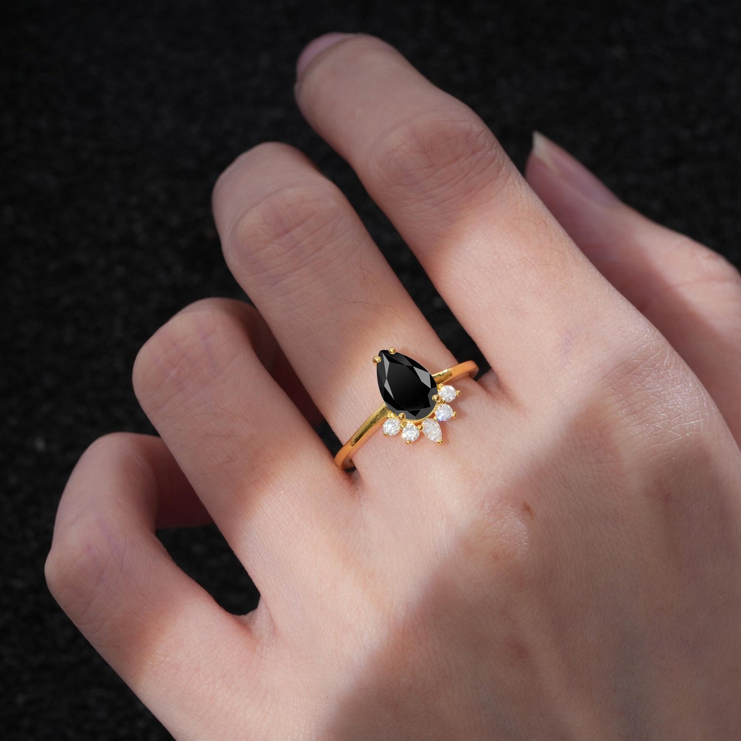 Pear Cut Black Onyx Crown Engagement Ring with Accent Stones - Additional view