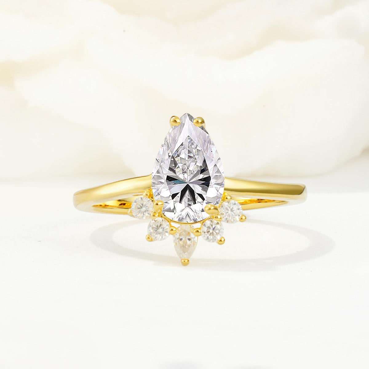 Pear Cut Lab Diamond Crown Engagement Ring with Accent Stones - Additional view