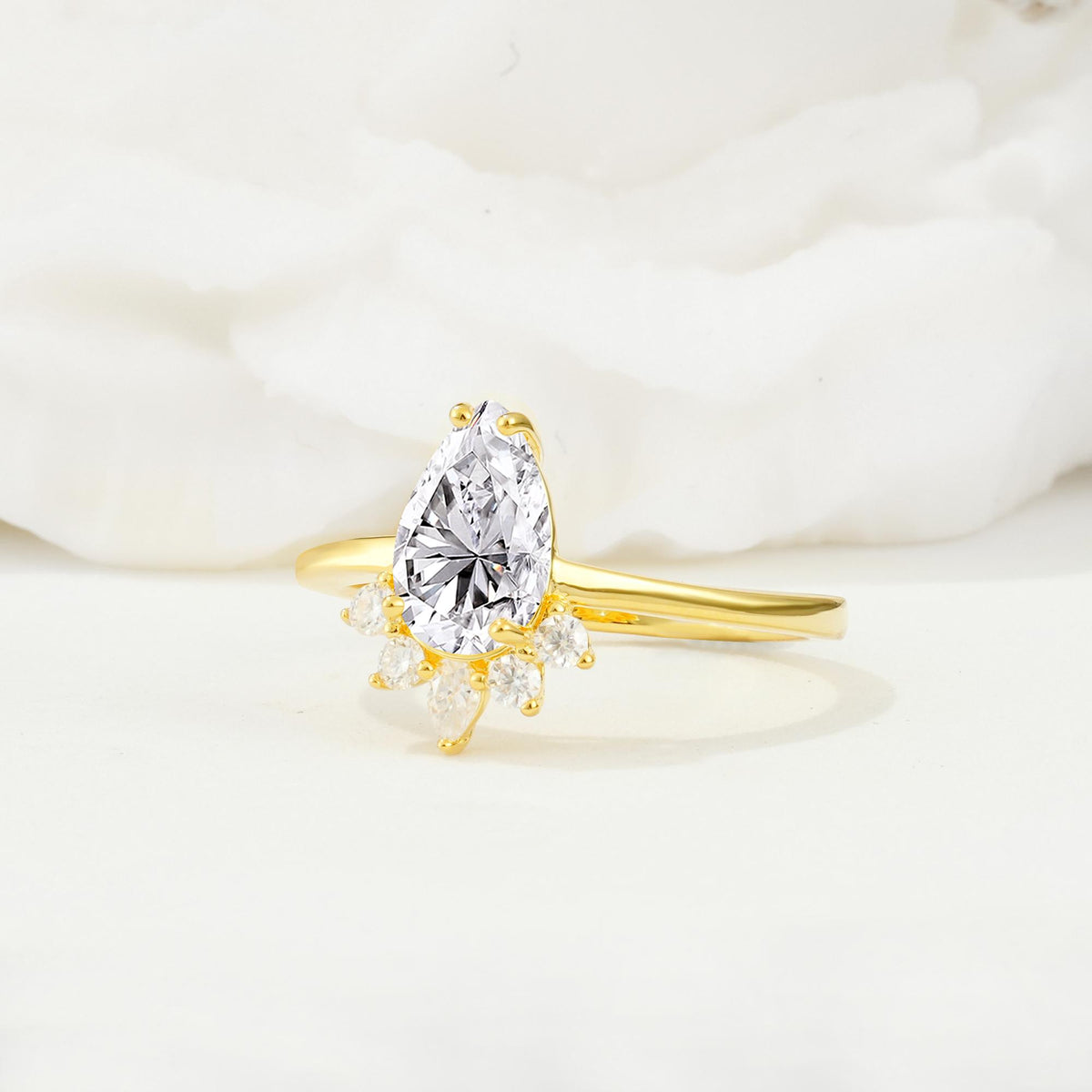 Pear Cut Lab Diamond Crown Engagement Ring with Accent Stones - Additional view