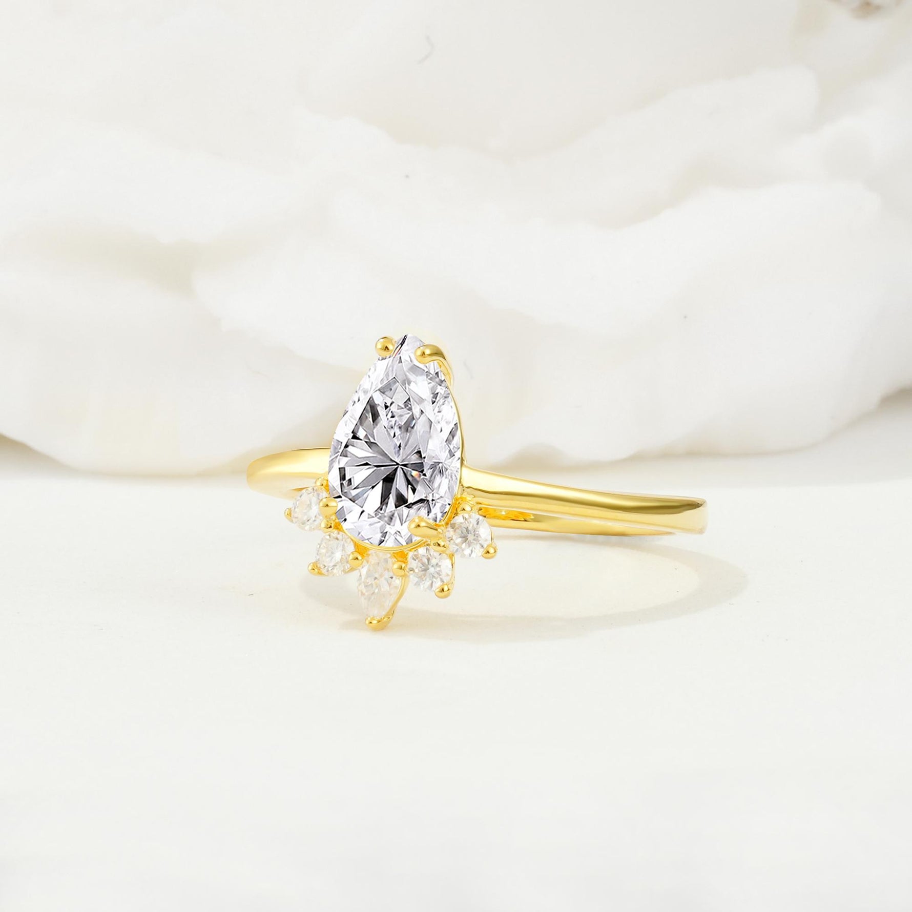 Pear Cut Lab Diamond Crown Engagement Ring with Accent Stones - Additional view