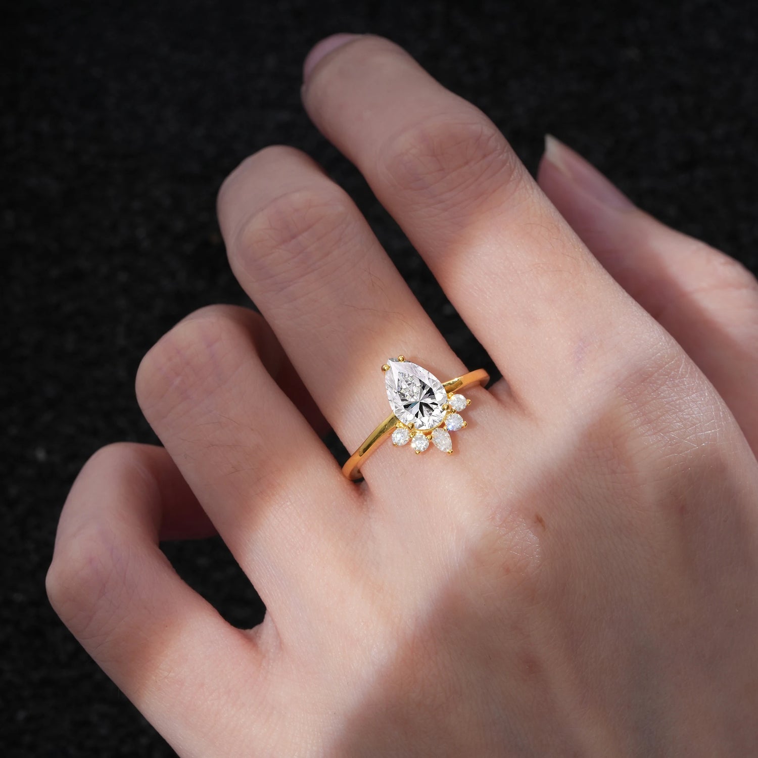 Pear Cut Lab Diamond Crown Engagement Ring with Accent Stones