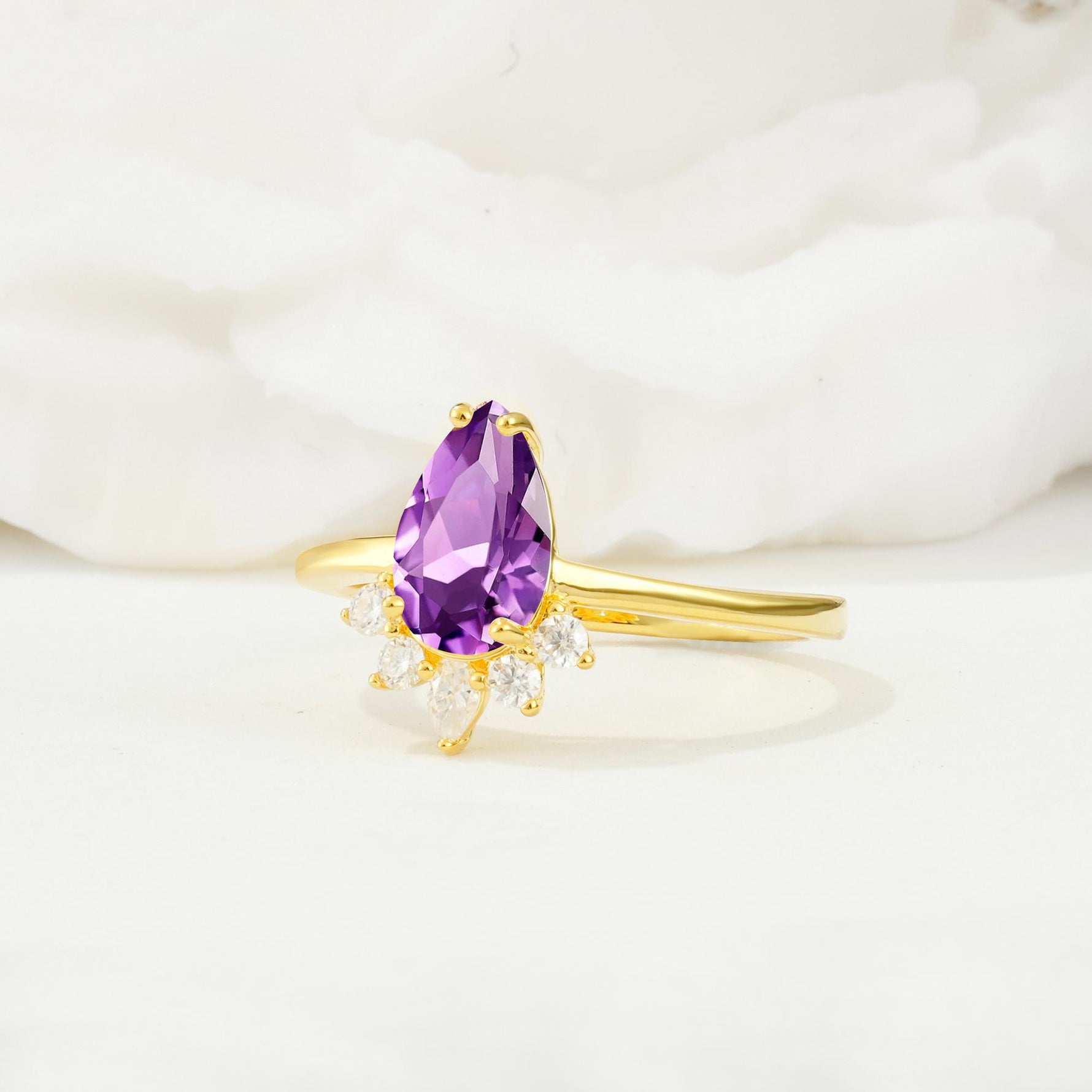 Pear Cut Amethyst Crown Engagement Ring with Accent Stones - Additional view
