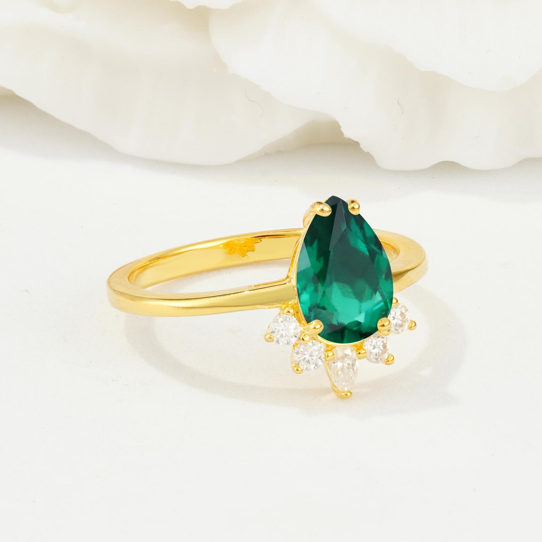 Pear Cut Emerald Crown Engagement Ring with Accent Stones - Additional view