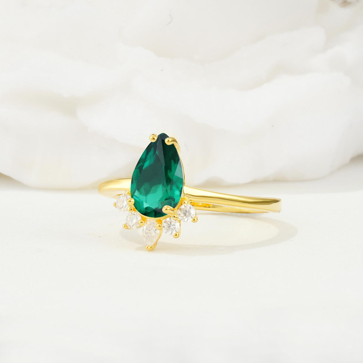 Pear Cut Emerald Crown Engagement Ring with Accent Stones - Additional view