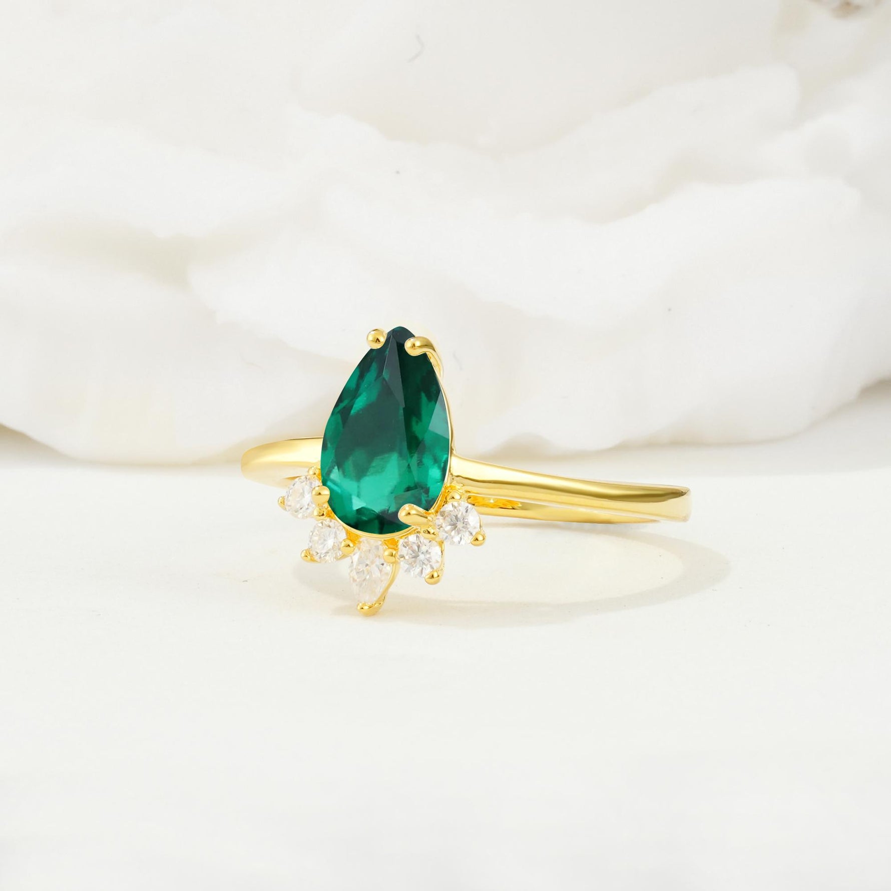 Pear Cut Emerald Crown Engagement Ring with Accent Stones - Additional view