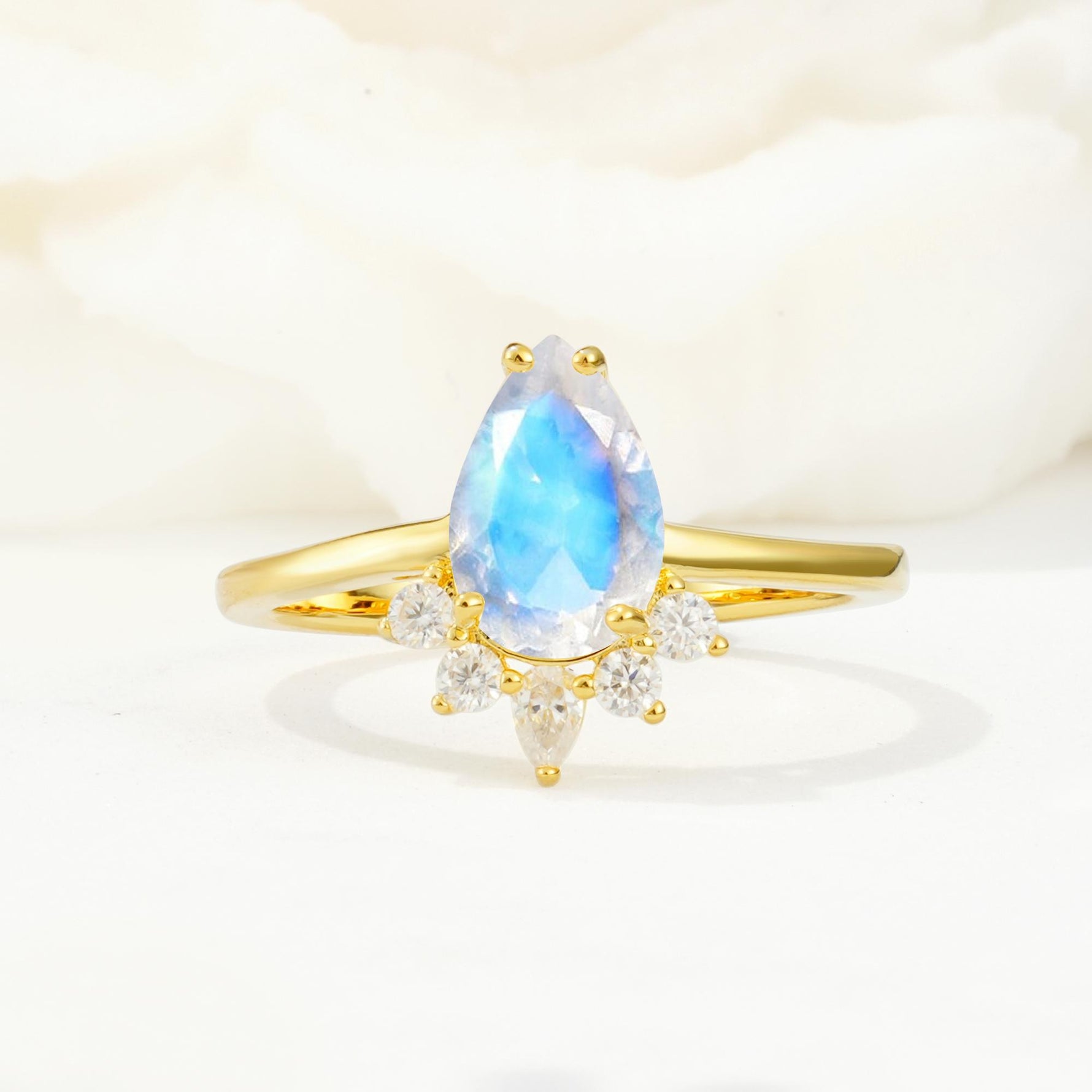 Pear Cut Moonstone Crown Engagement Ring with Accent Stones - Additional view