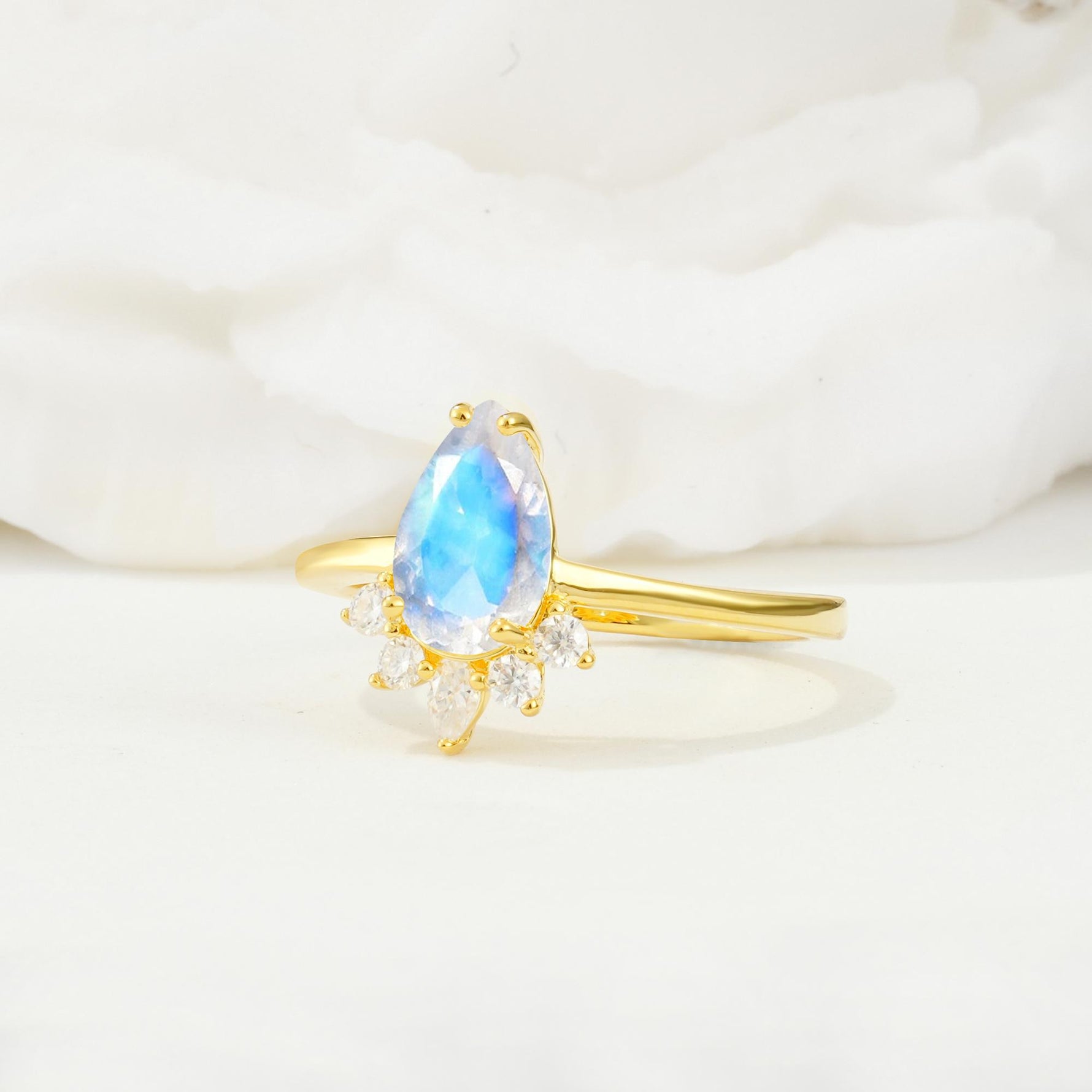 Pear Cut Moonstone Crown Engagement Ring with Accent Stones - Additional view