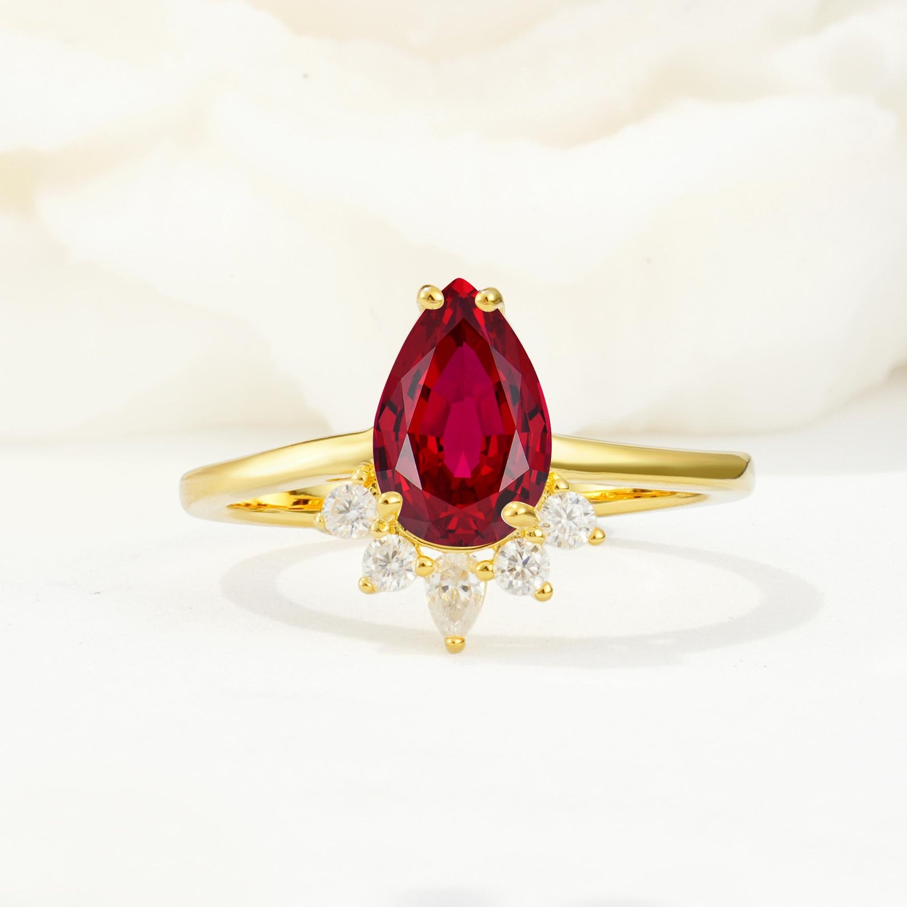 Pear Cut Ruby Crown Engagement Ring with Accent Stones - Additional view