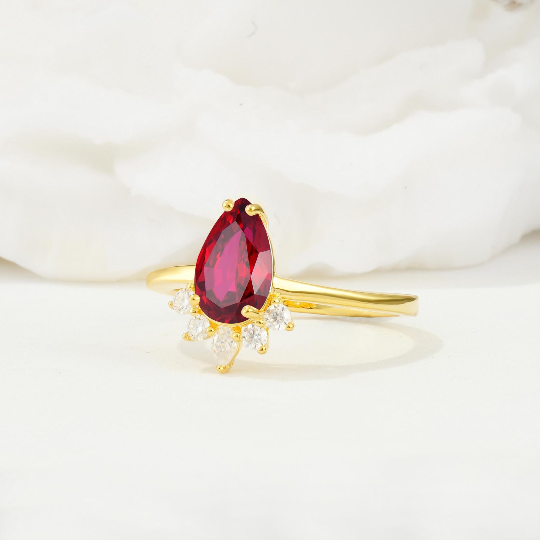 Pear Cut Ruby Crown Engagement Ring with Accent Stones - Additional view