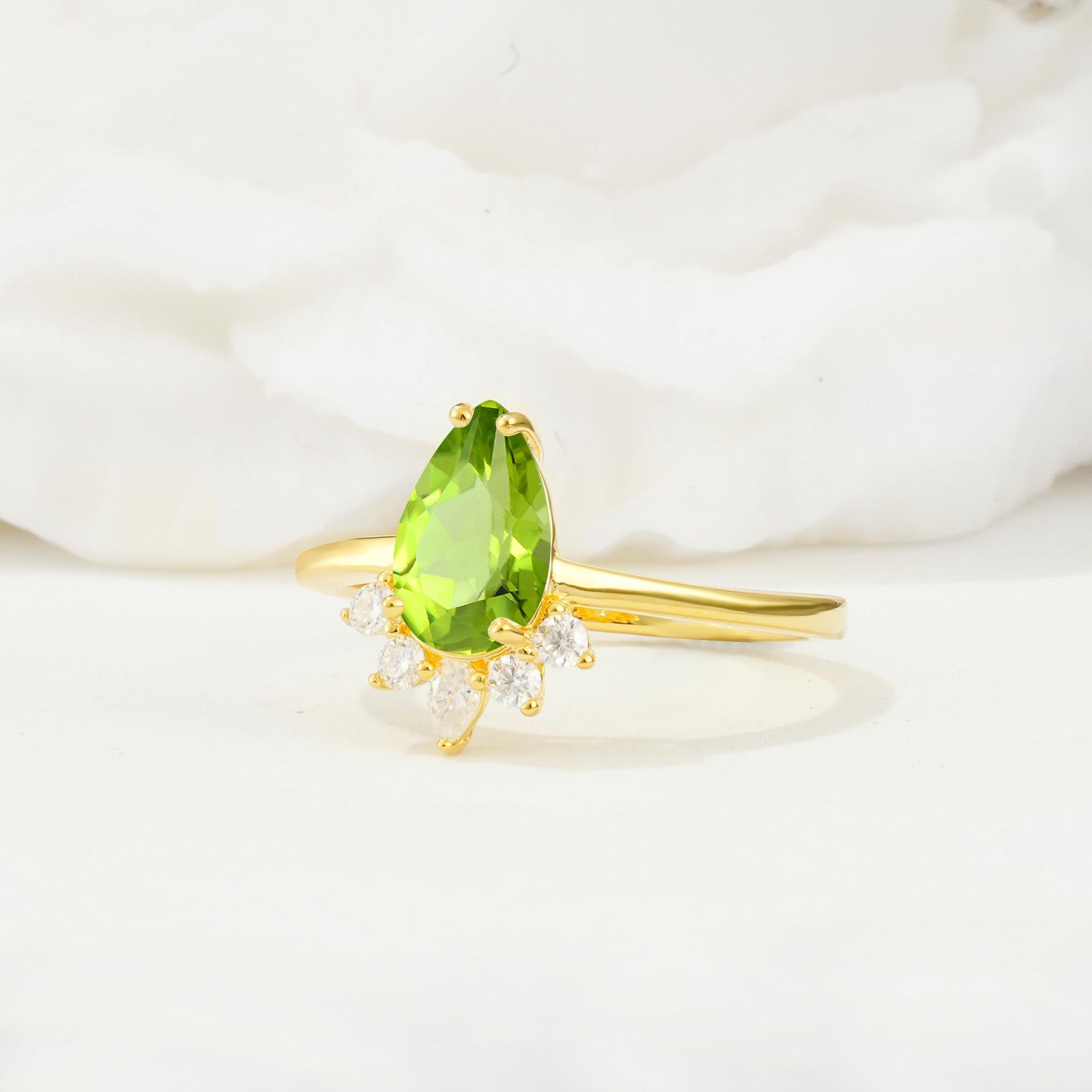 Pear Cut Peridot Crown Engagement Ring with Accent Stones - Additional view