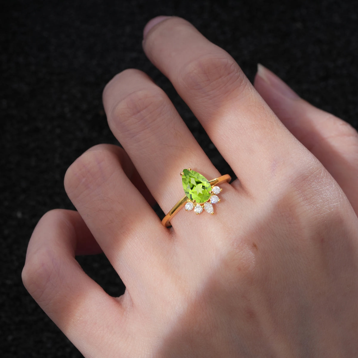 Pear Cut Peridot Crown Engagement Ring with Accent Stones