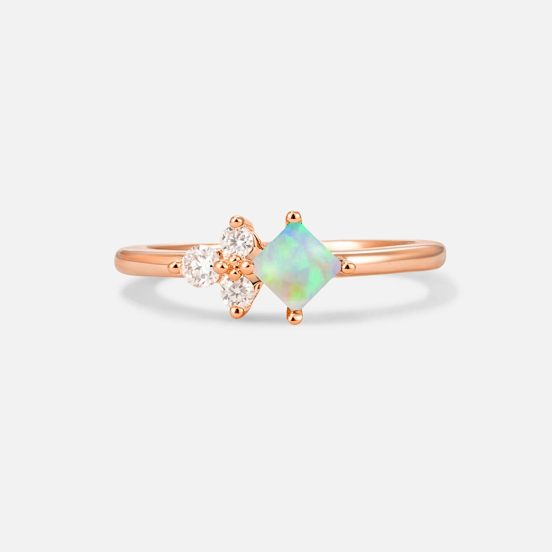 Princess Cut Fire Opal Asymmetrical Cluster Side Stone Engagement Ring - Additional view