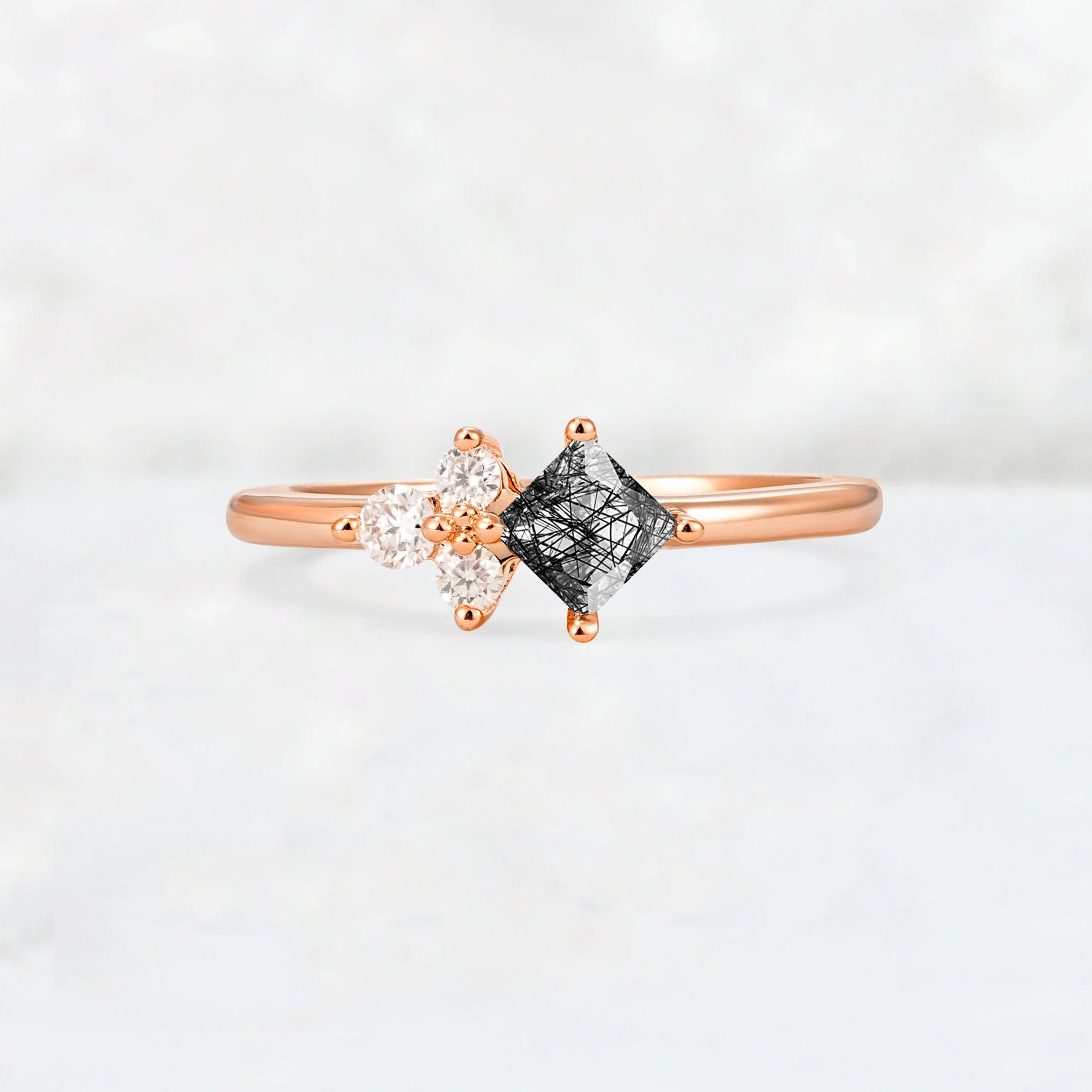 Princess Cut Black Rutilated Quartz Asymmetrical Cluster Side Stone Engagement Ring - Additional view