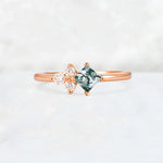 Princess Cut Moss Agate Asymmetrical Cluster Side Stone Engagement Ring - Additional view