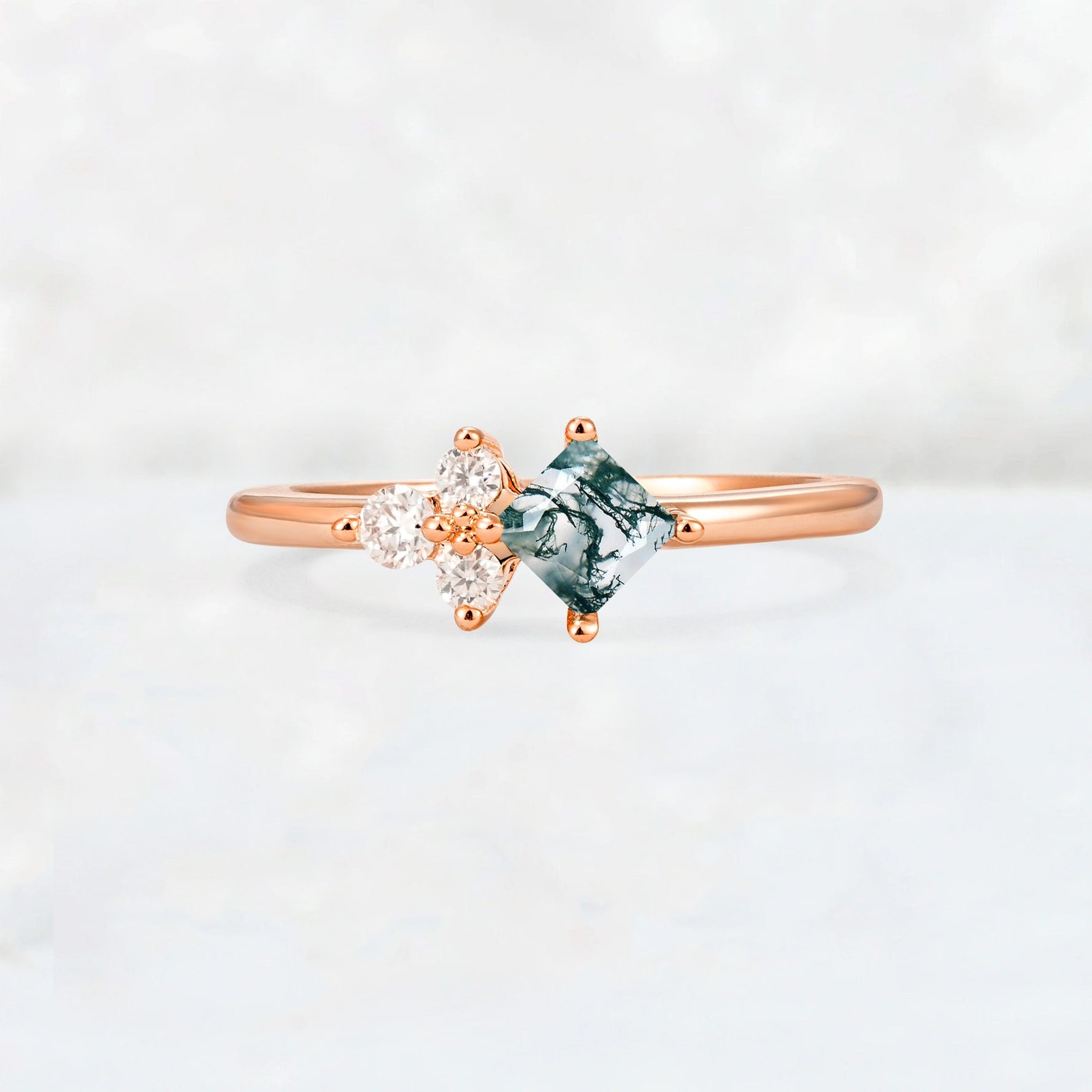 Princess Cut Moss Agate Asymmetrical Cluster Side Stone Engagement Ring - Additional view
