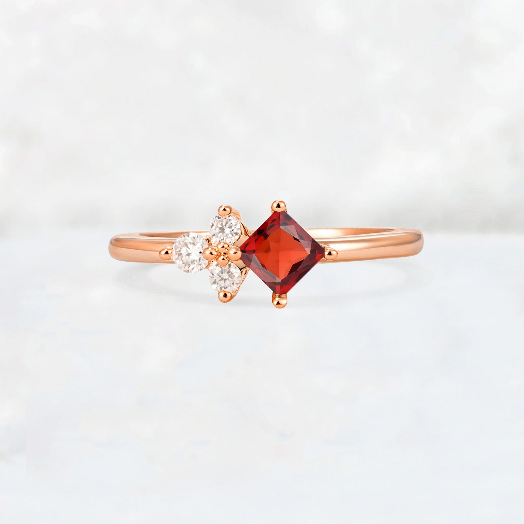 Princess Cut Garnet Asymmetrical Cluster Side Stone Engagement Ring - Additional view
