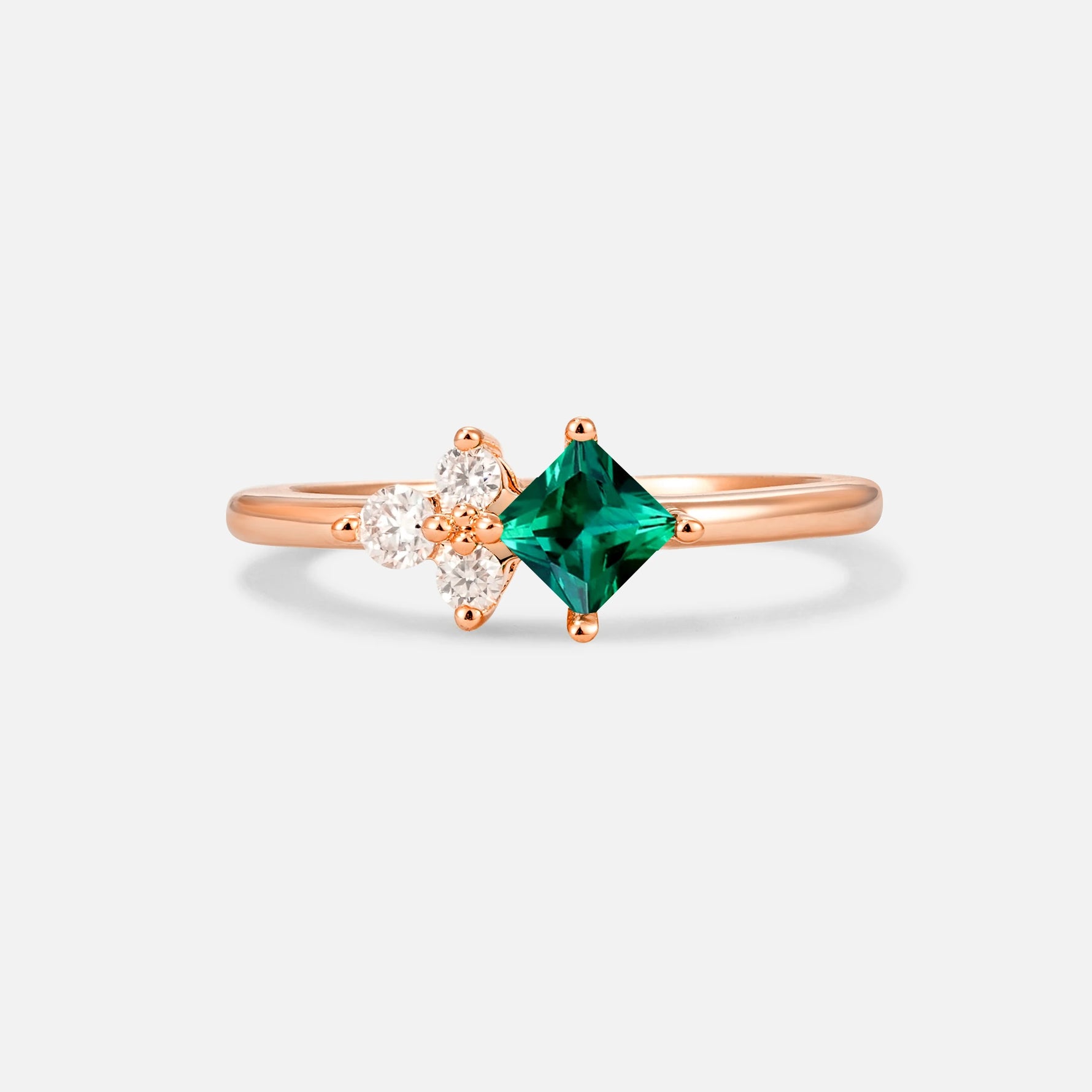 Princess Cut Emerald Asymmetrical Cluster Side Stone Engagement Ring - Additional view