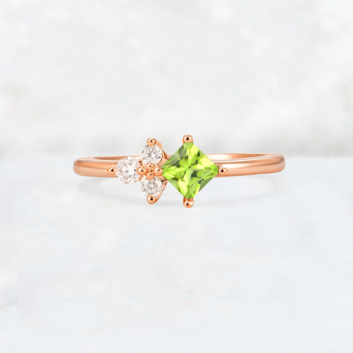 Princess Cut Peridot Asymmetrical Cluster Side Stone Engagement Ring - Additional view