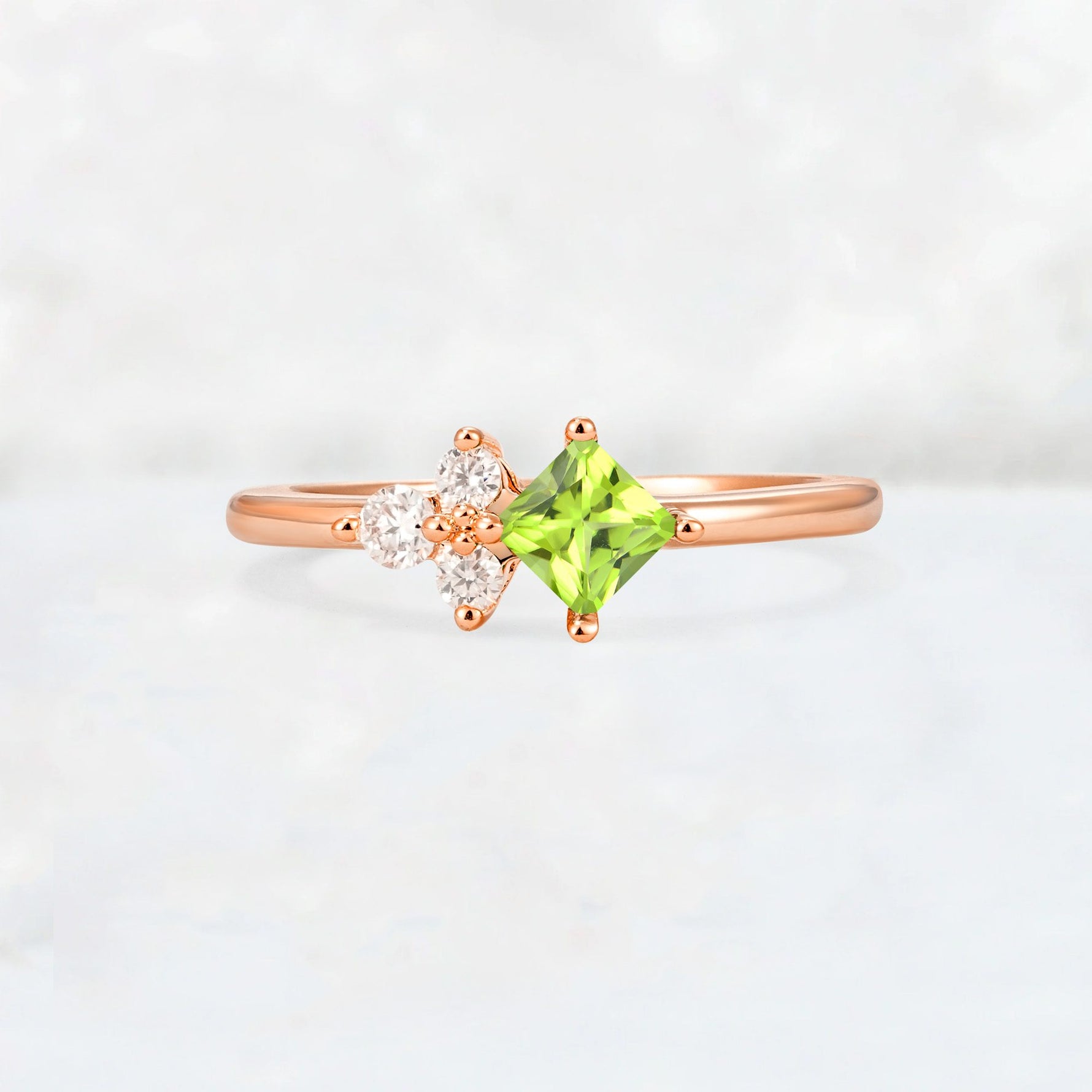 Princess Cut Peridot Asymmetrical Cluster Side Stone Engagement Ring - Additional view