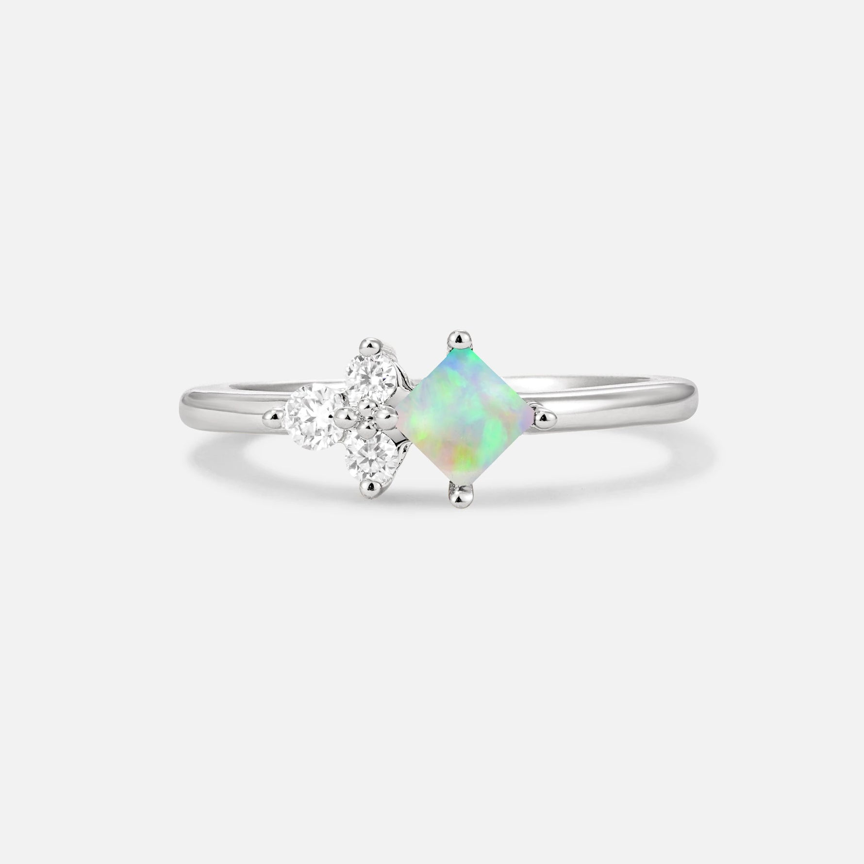 Princess Cut Fire Opal Asymmetrical Cluster Side Stone Engagement Ring - Additional view