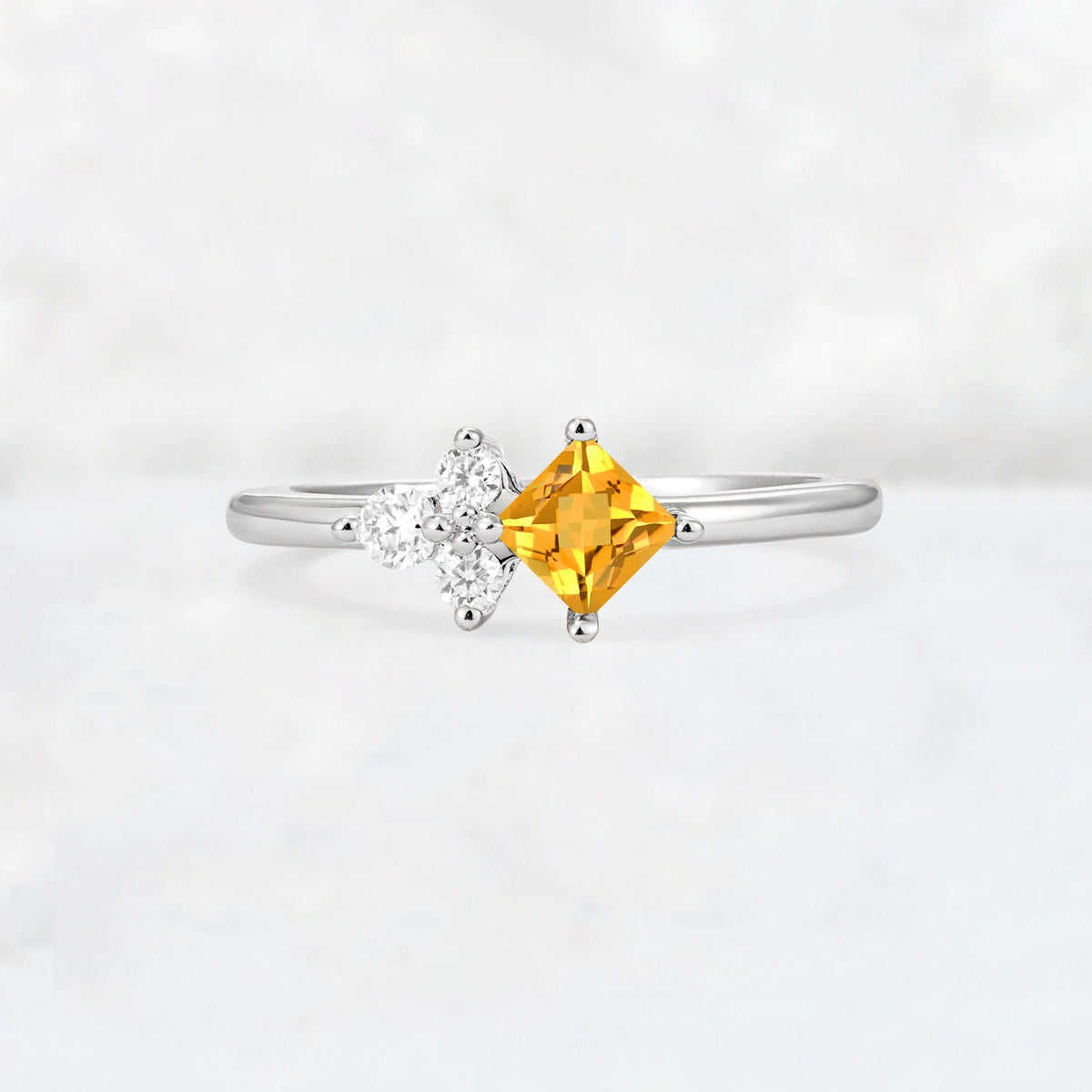 Princess Cut Citrine Asymmetrical Cluster Side Stone Engagement Ring - Additional view