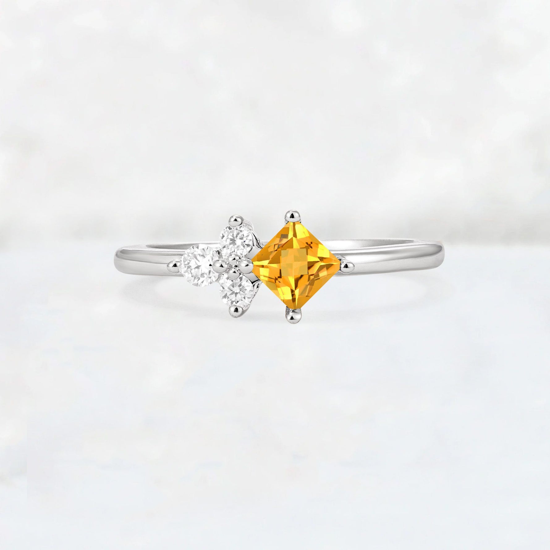 Princess Cut Citrine Asymmetrical Cluster Side Stone Engagement Ring - Additional view