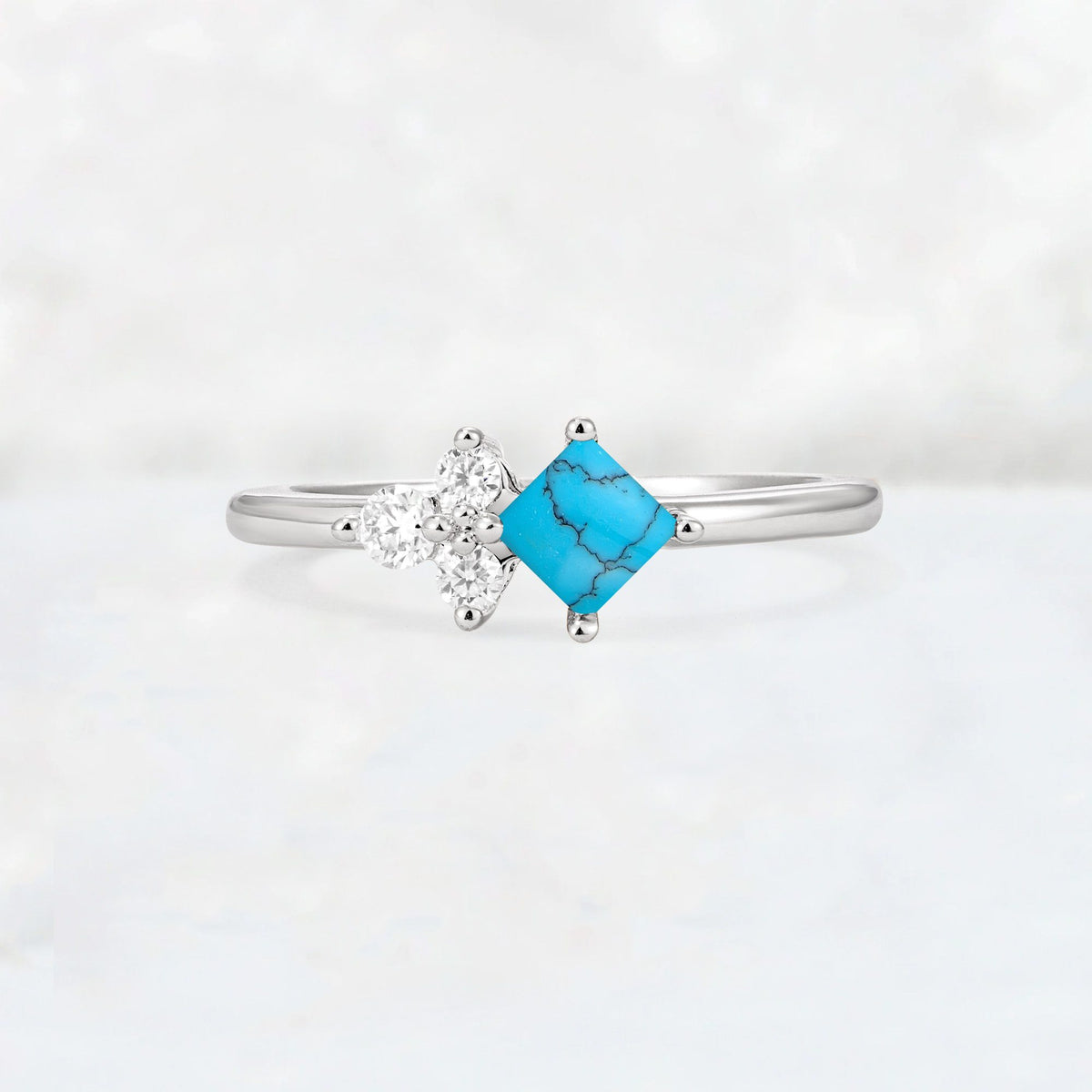 Princess Cut Turquoise Asymmetrical Cluster Side Stone Engagement Ring - Additional view