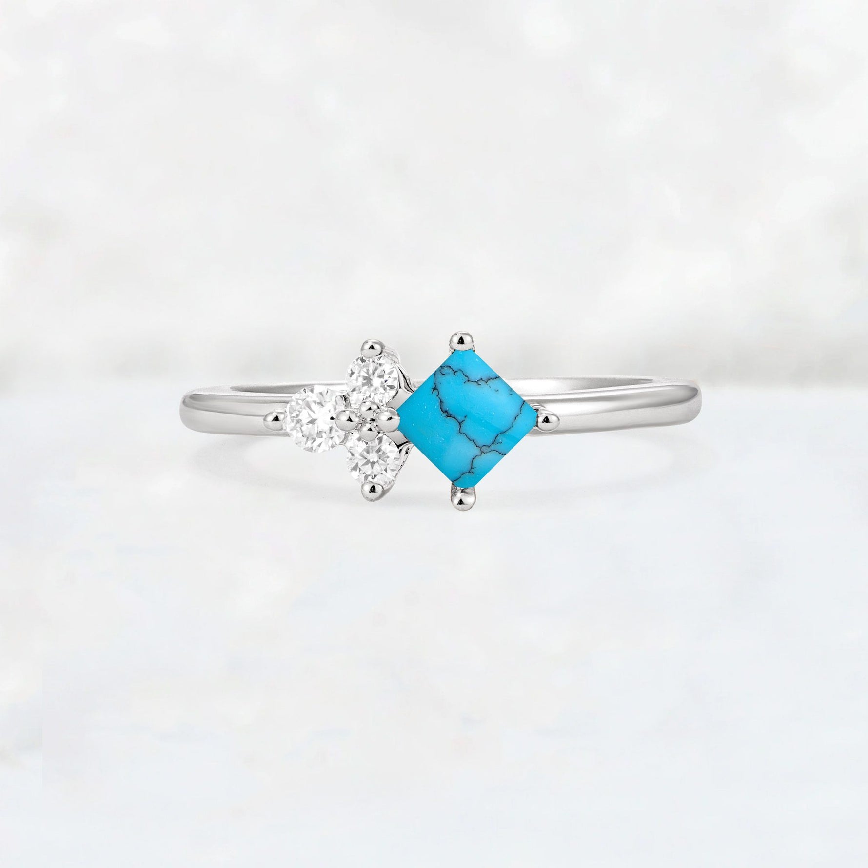Princess Cut Turquoise Asymmetrical Cluster Side Stone Engagement Ring - Additional view