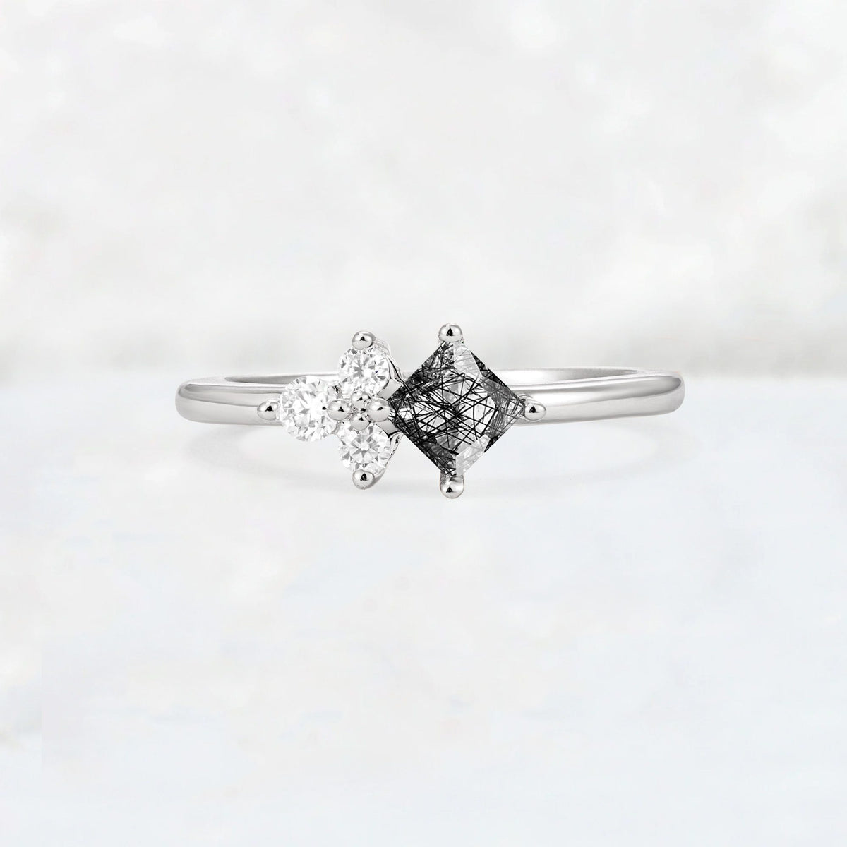 Princess Cut Black Rutilated Quartz Asymmetrical Cluster Side Stone Engagement Ring - Additional view